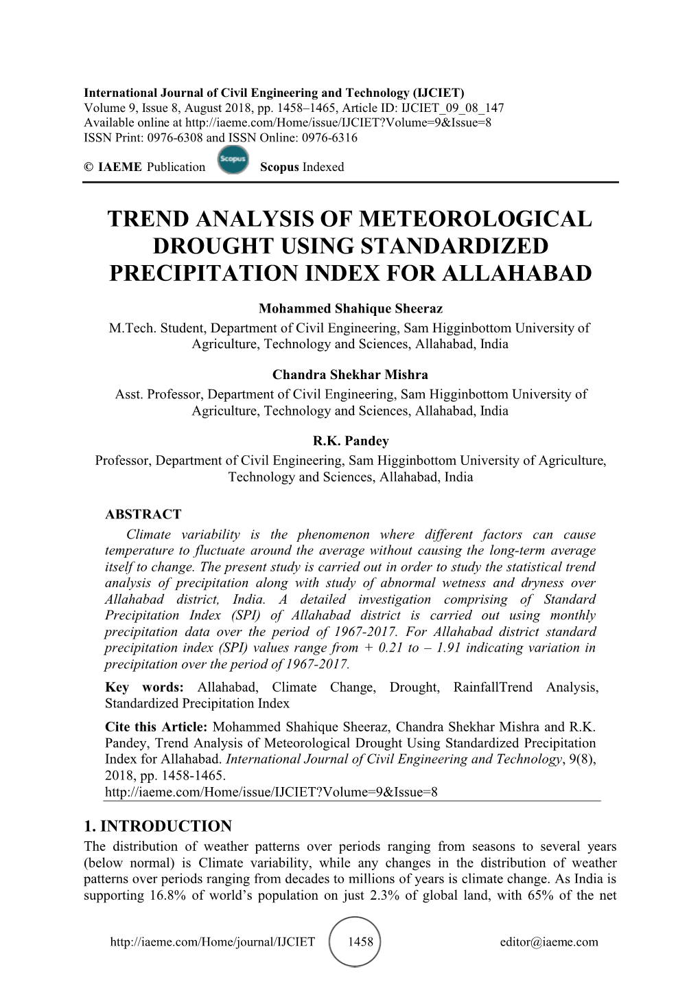 Trend Analysis of Meteorological Drought Using Standardized Precipitation Index for Allahabad