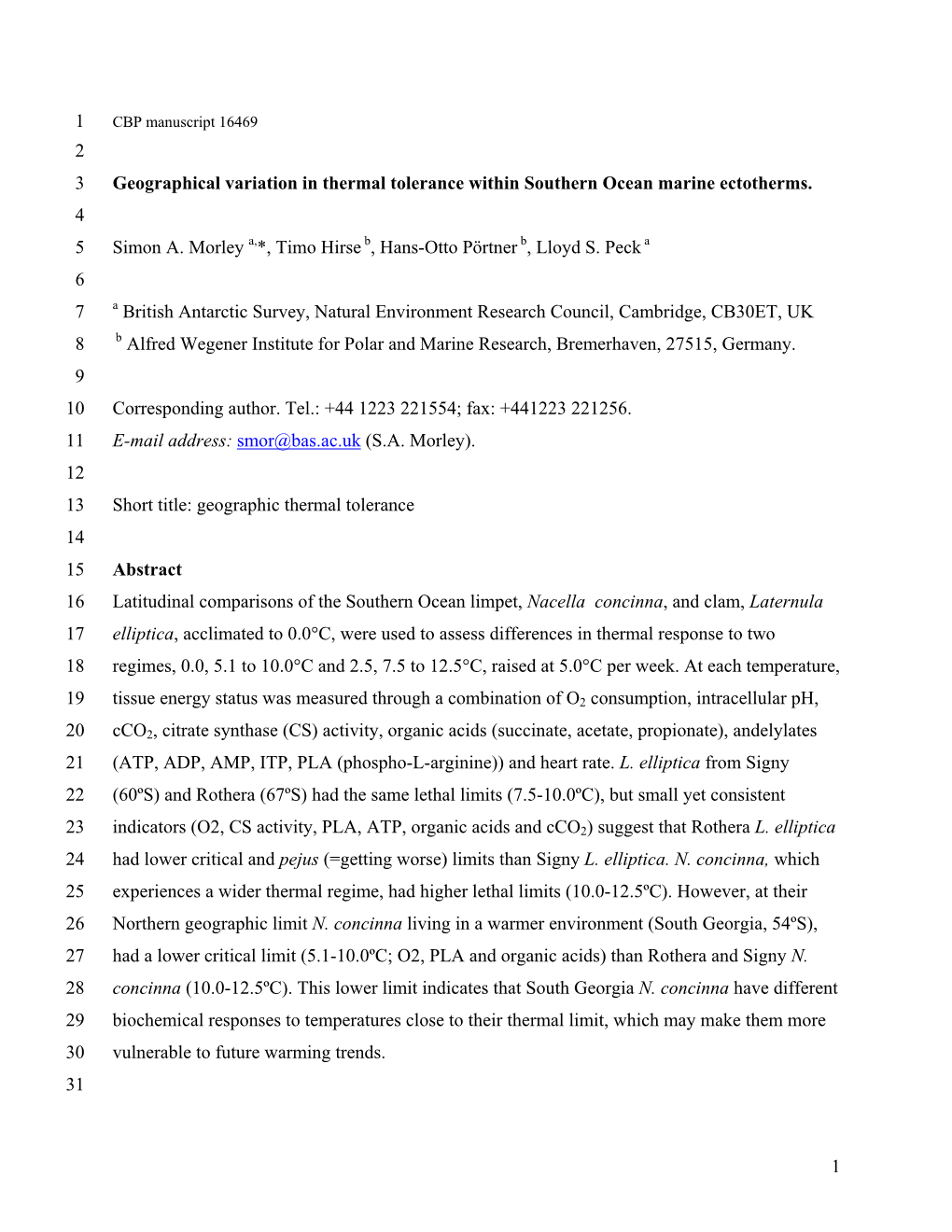 Geographical Variation in Thermal Tolerance Within Southern Ocean Marine Ectotherms