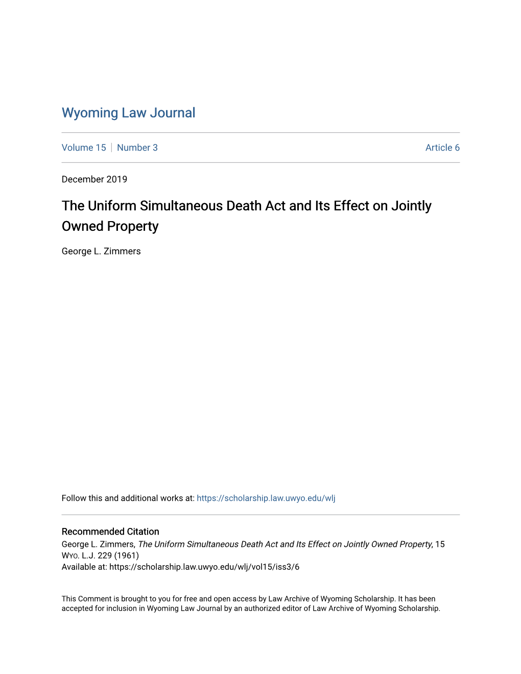 The Uniform Simultaneous Death Act and Its Effect on Jointly Owned Property