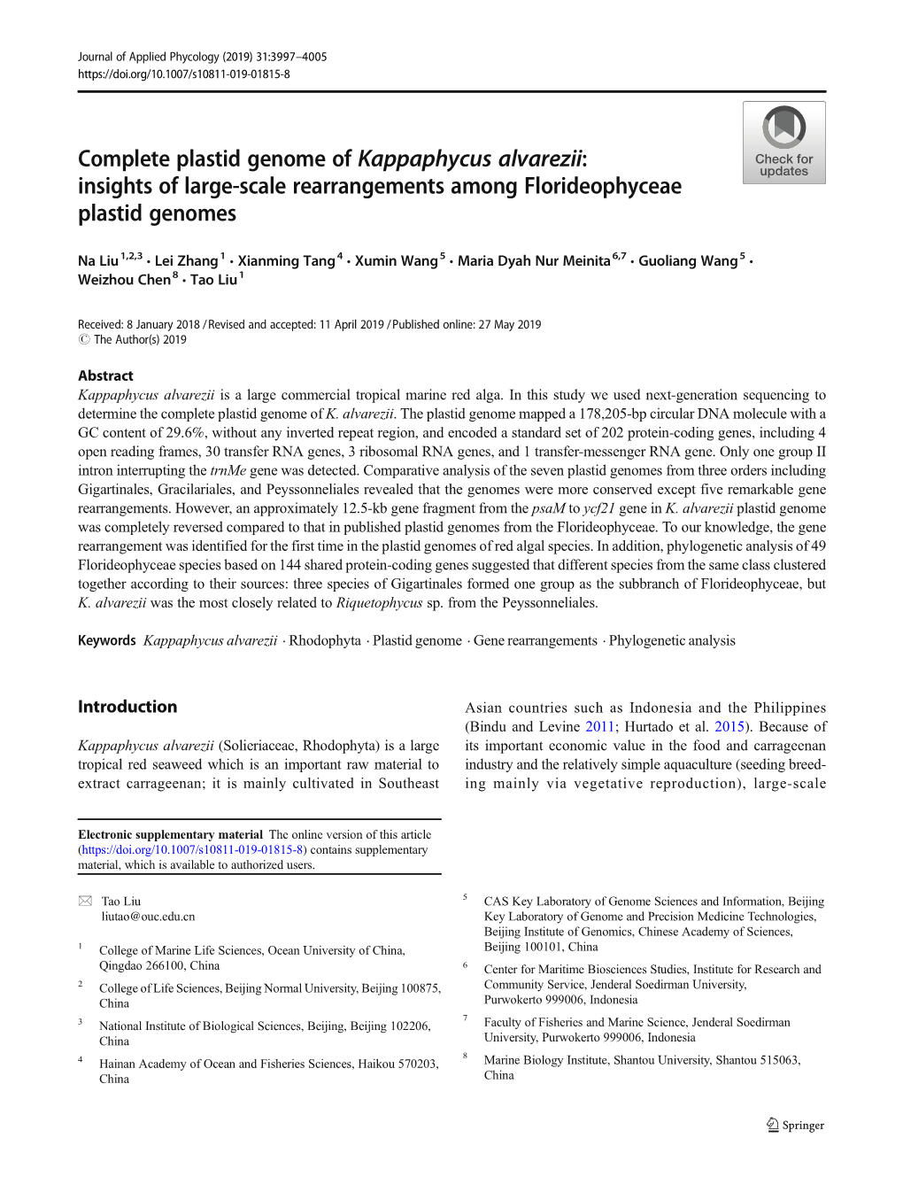 Complete Plastid Genome of Kappaphycus Alvarezii: Insights of Large-Scale Rearrangements Among Florideophyceae Plastid Genomes