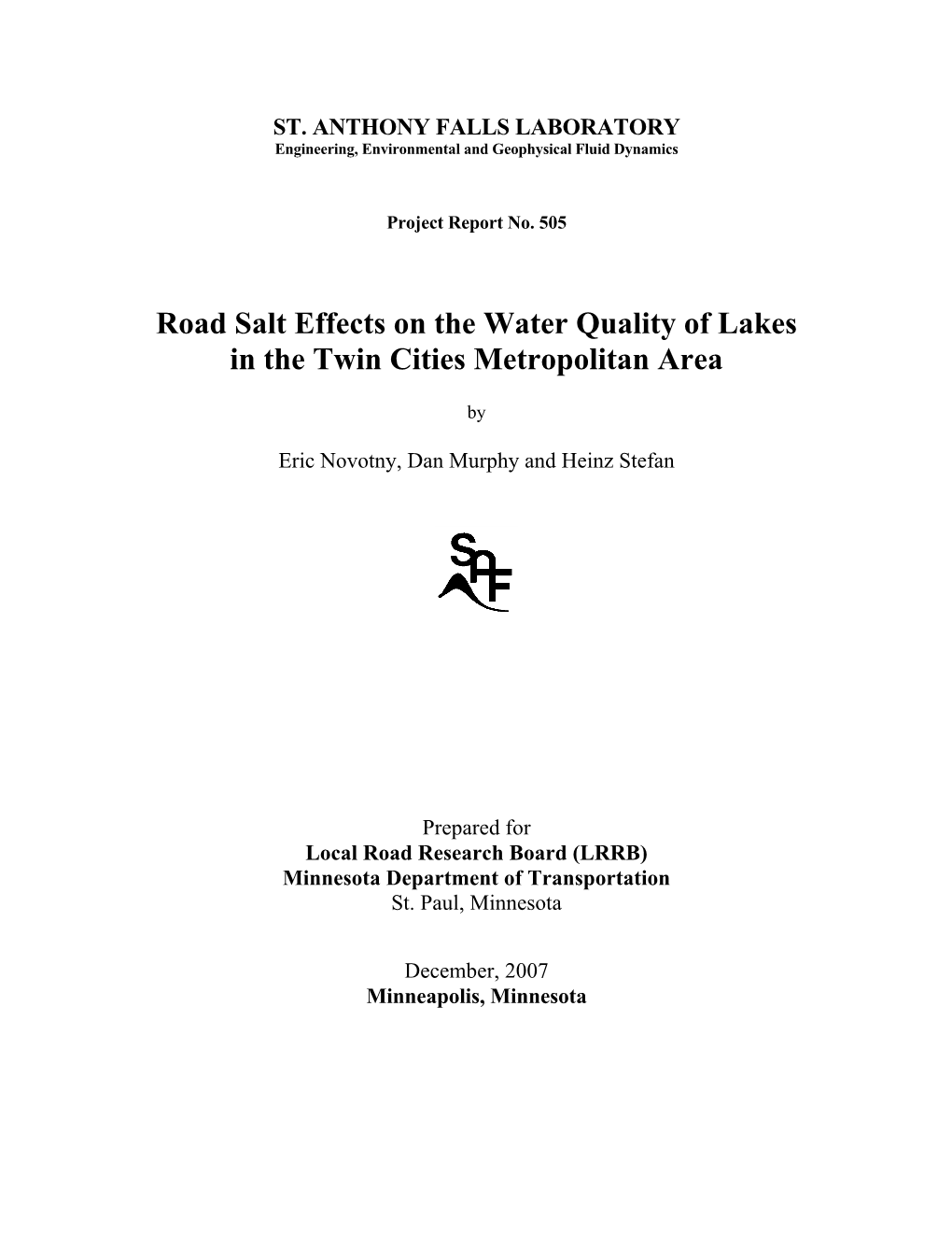 Road Salt Effects on the Water Quality of Lakes in the Twin Cities Metropolitan Area