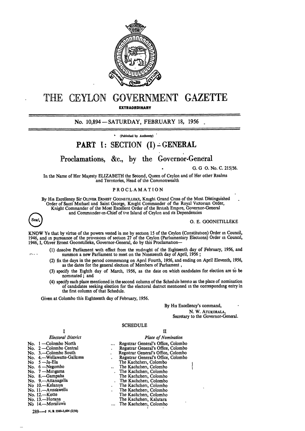 The Ceylon Government Gazette Extraordinary