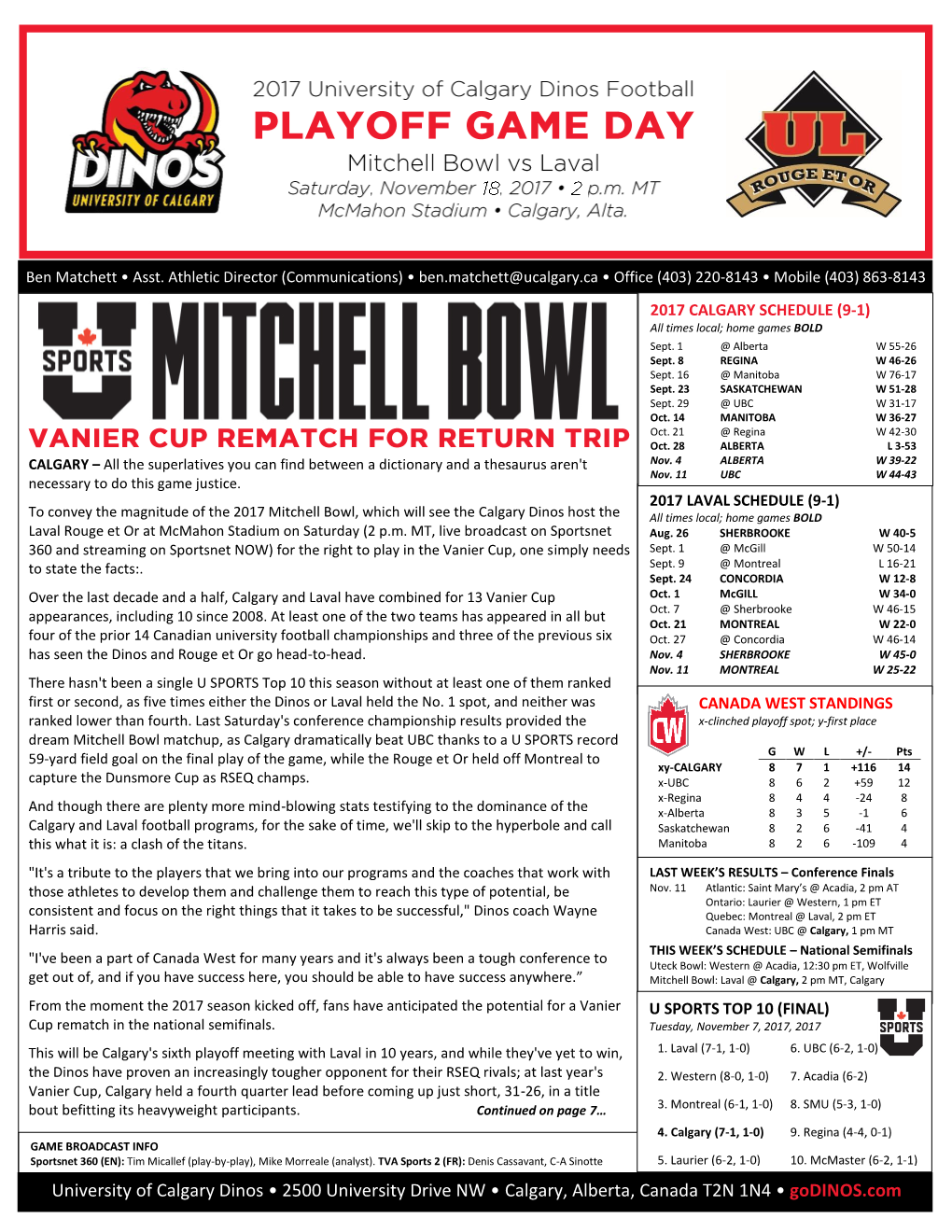 University of Calgary Dinos • 2500 University Drive NW • Calgary, Alberta, Canada T2N 1N4 • Godinos.Com 2017 DINOS GAME DAY • Page 2