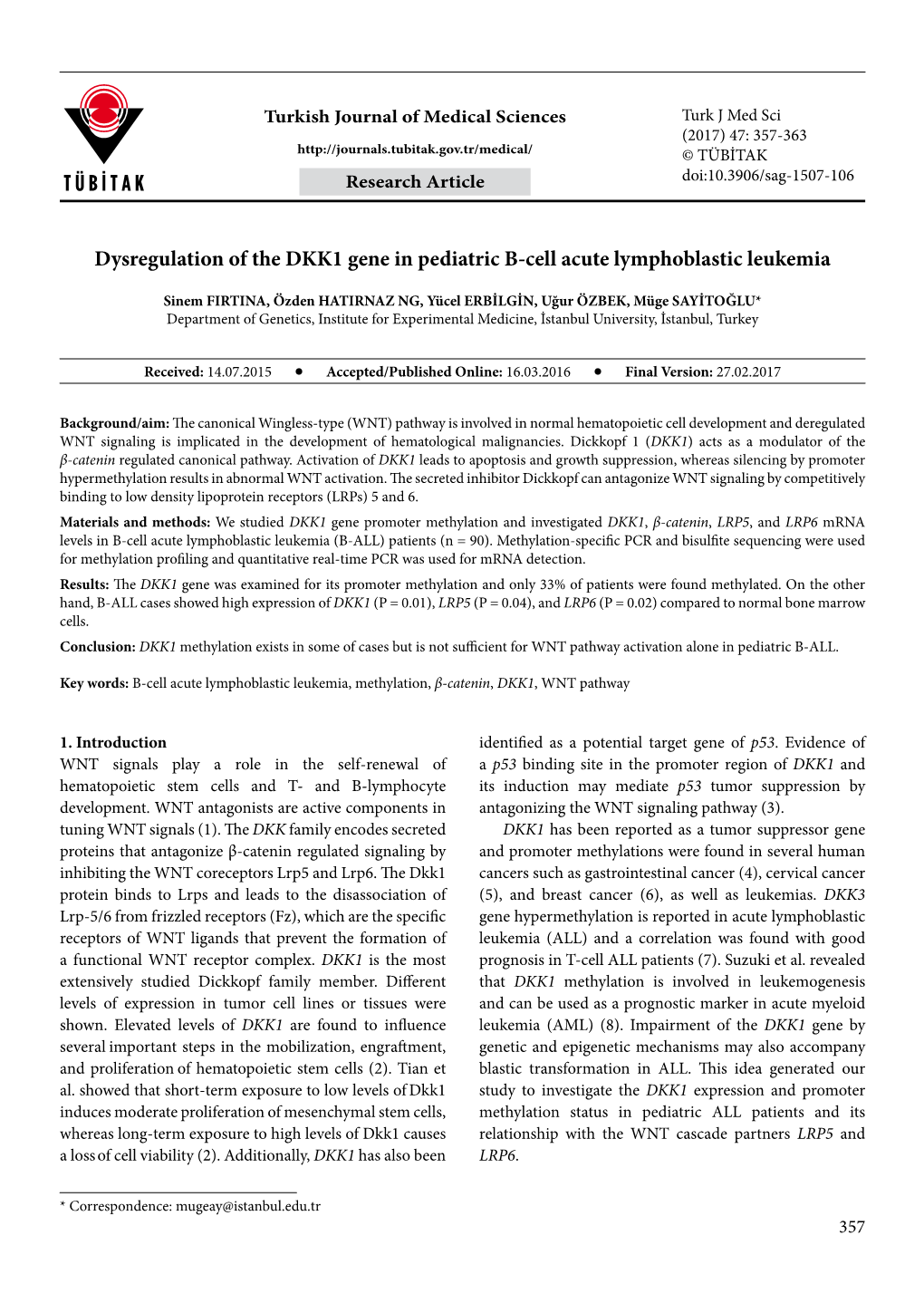 Dysregulation of the DKK1 Gene in Pediatric B-Cell Acute Lymphoblastic Leukemia