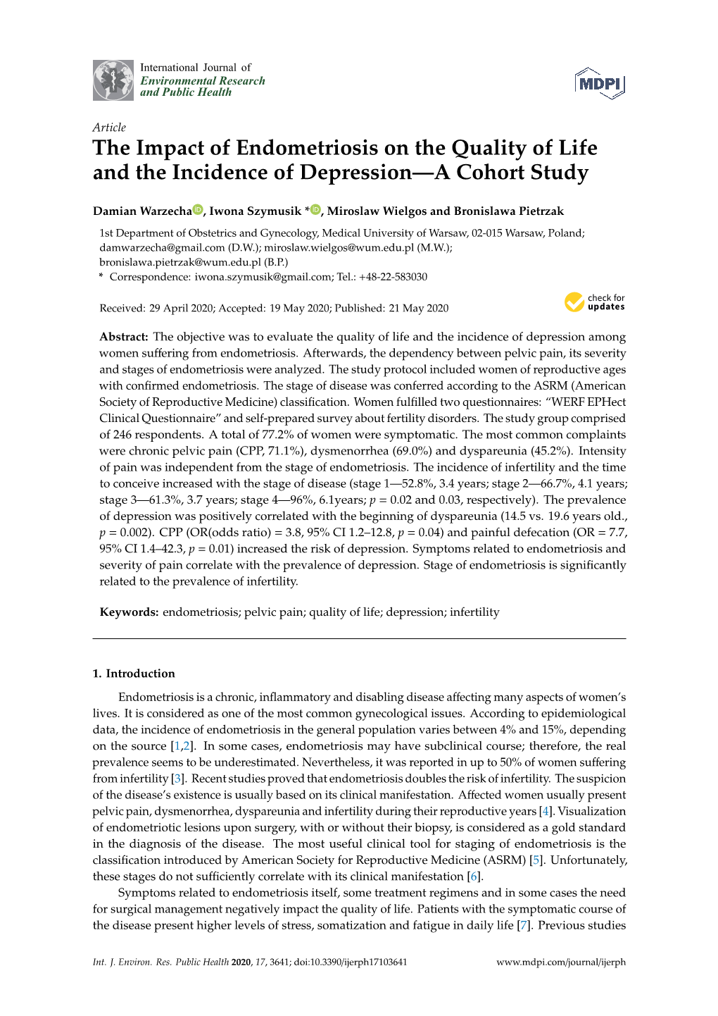 The Impact of Endometriosis on the Quality of Life and the Incidence of Depression—A Cohort Study