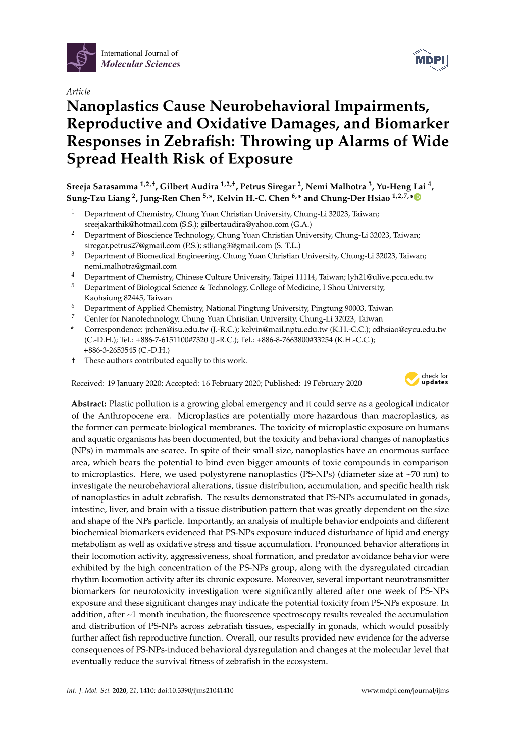 Nanoplastics Cause Neurobehavioral Impairments, Reproductive