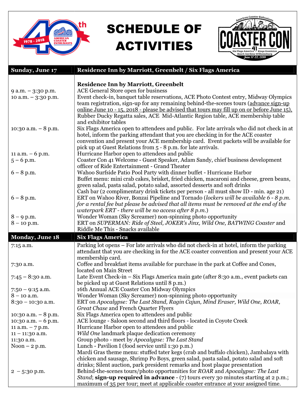 Schedule of Activities