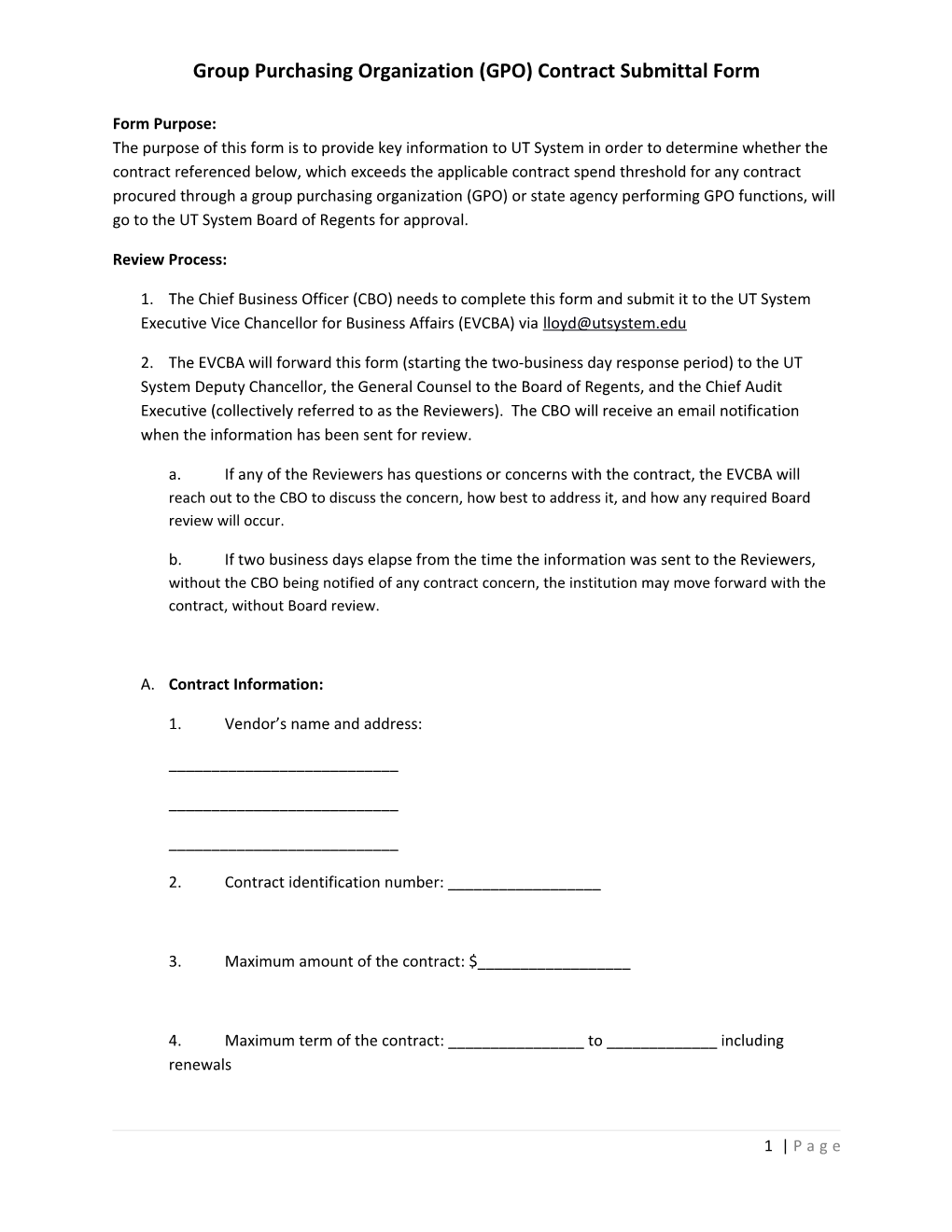 Group Purchasing Organization (GPO) Contract Submittal Form