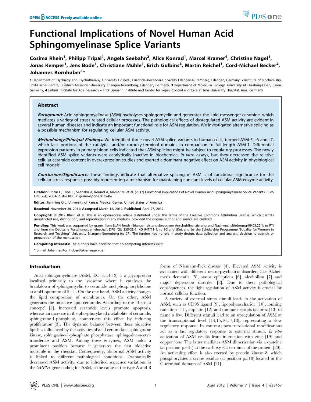 Functional Implications of Novel Human Acid Sphingomyelinase Splice Variants