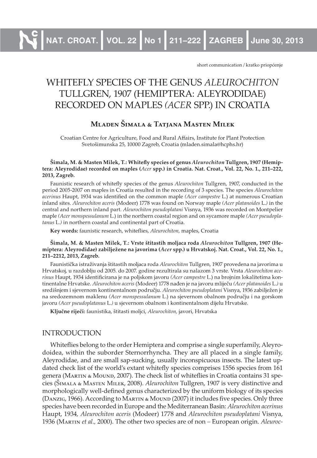 Whitefly Species of the Genus Aleurochiton Tullgren, 1907 (Hemiptera: Aleyrodidae) Recorded on Maples (Acer Spp.) in Croatia