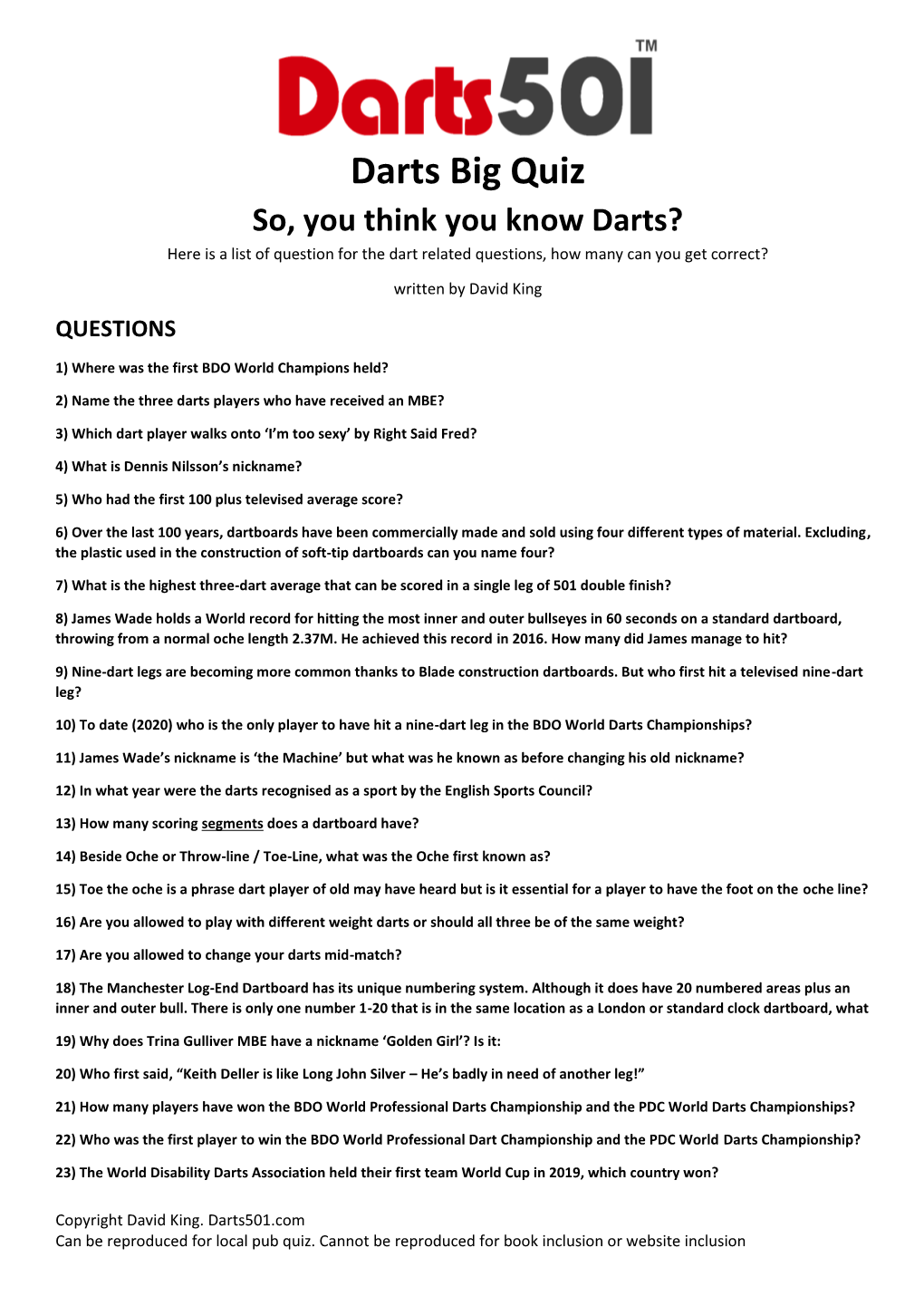 Darts Quiz Questions