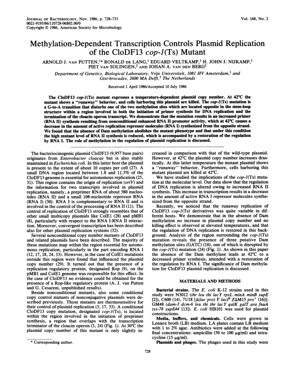 Methylation-Dependent Transcription Controls Plasmid Replication of the Clodf13 Cop-I(Ts) Mutant ARNOLD J