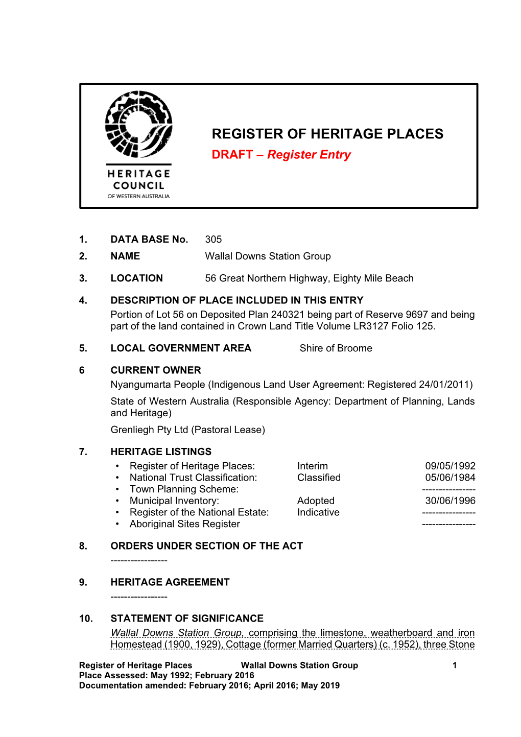 REGISTER of HERITAGE PLACES DRAFT – Register Entry