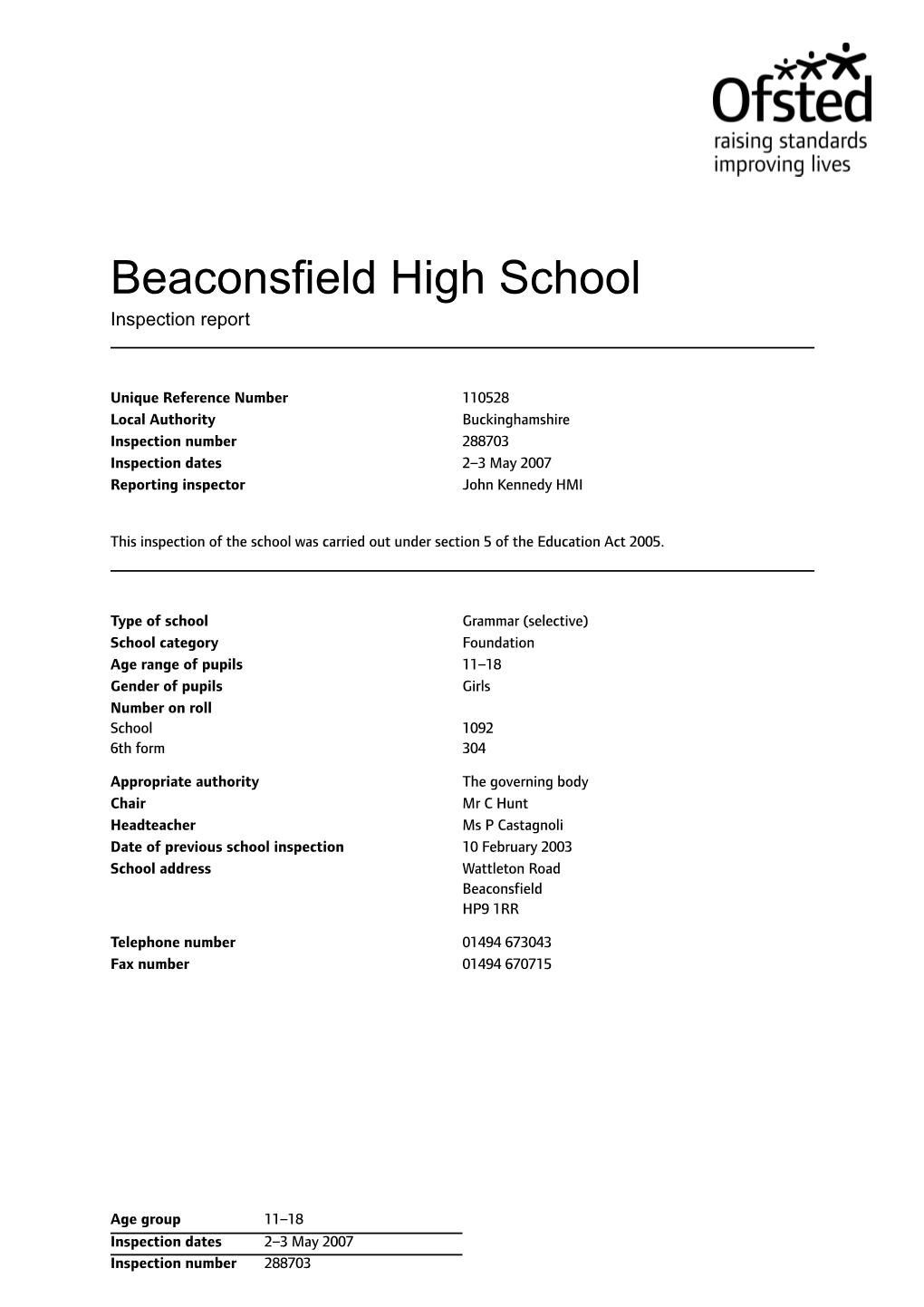 Beaconsfield High School Inspection Report