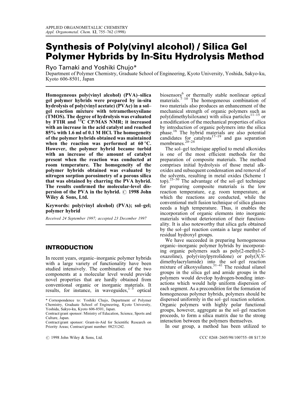 Synthesis of Poly(Vinyl Alcohol) / Silica Gel Polymer Hybrids by In-Situ Hydrolysis Method