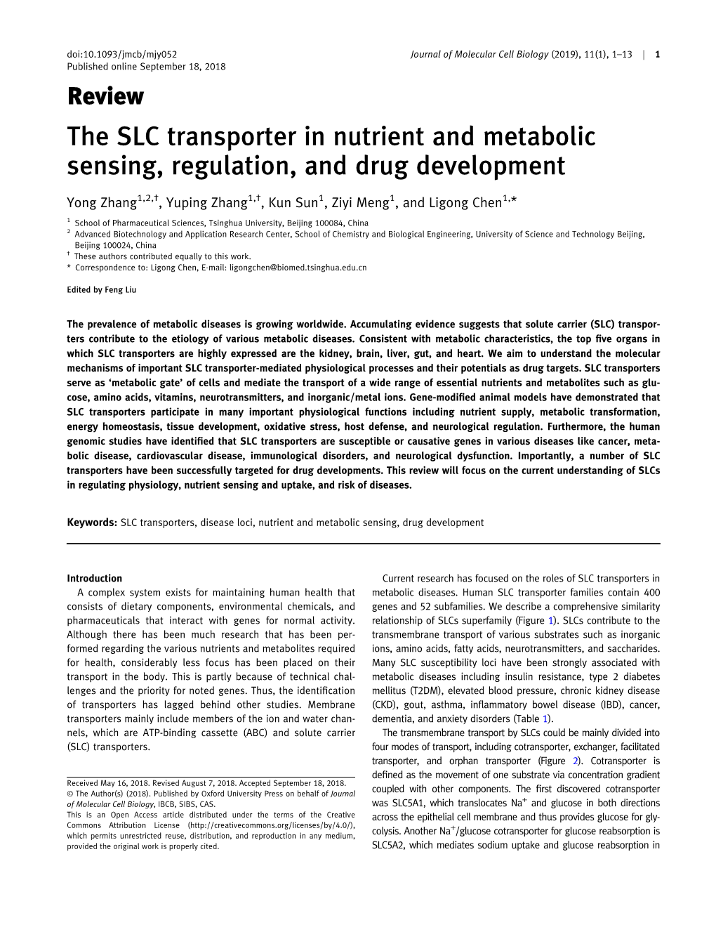 The SLC Transporter in Nutrient and Metabolic Sensing, Regulation, and Drug Development