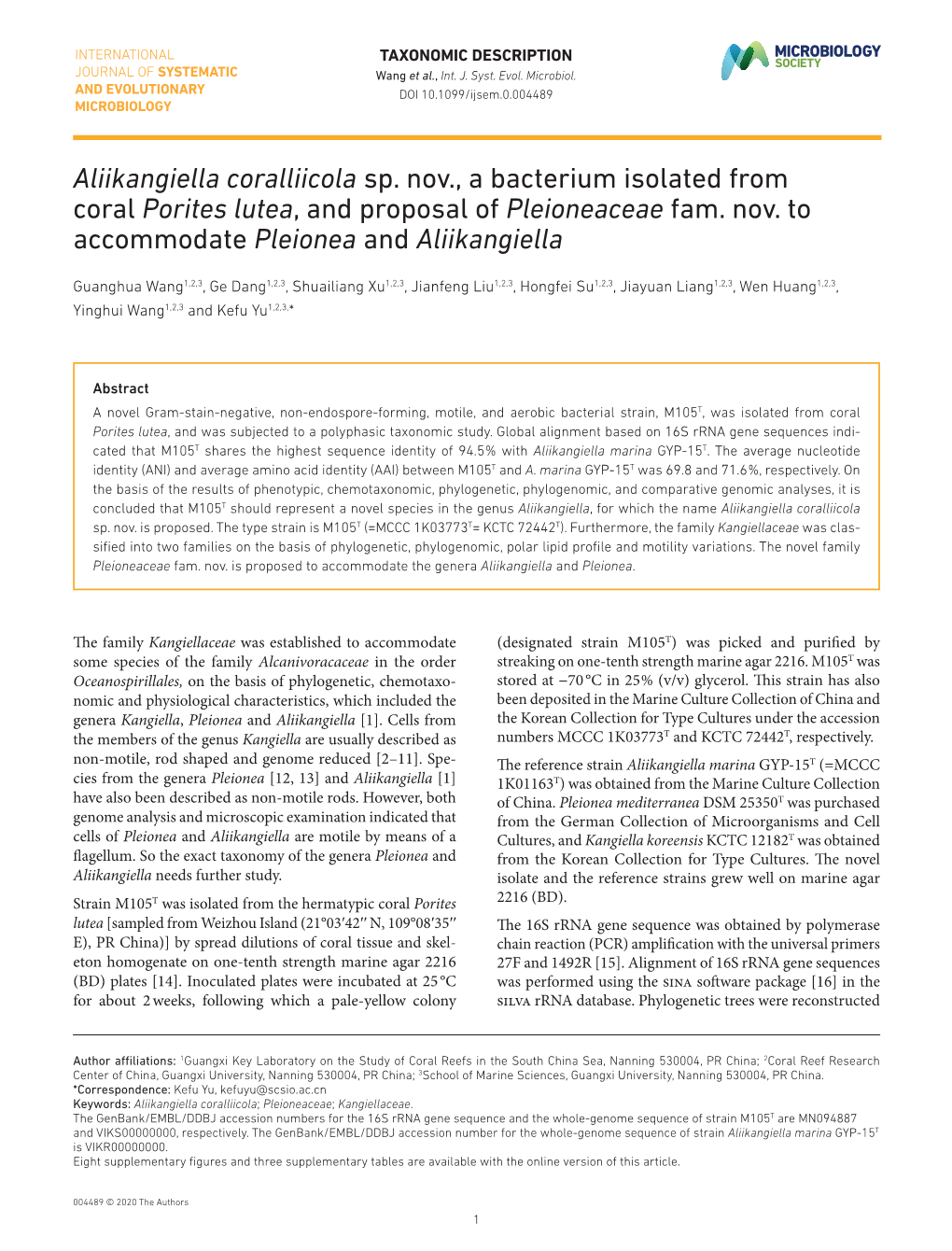 Aliikangiella Coralliicola Sp. Nov., a Bacterium Isolated from Coral Porites Lutea, and Proposal of Pleioneaceae Fam