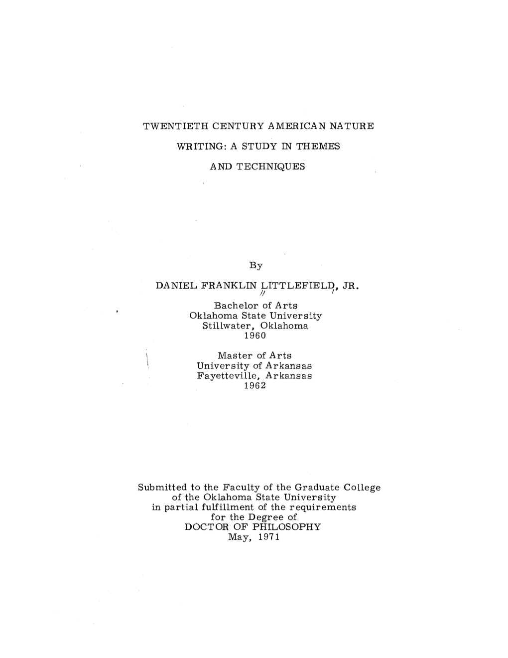 Twentieth Century American Nature Writing: a Study in Themes and Techniques