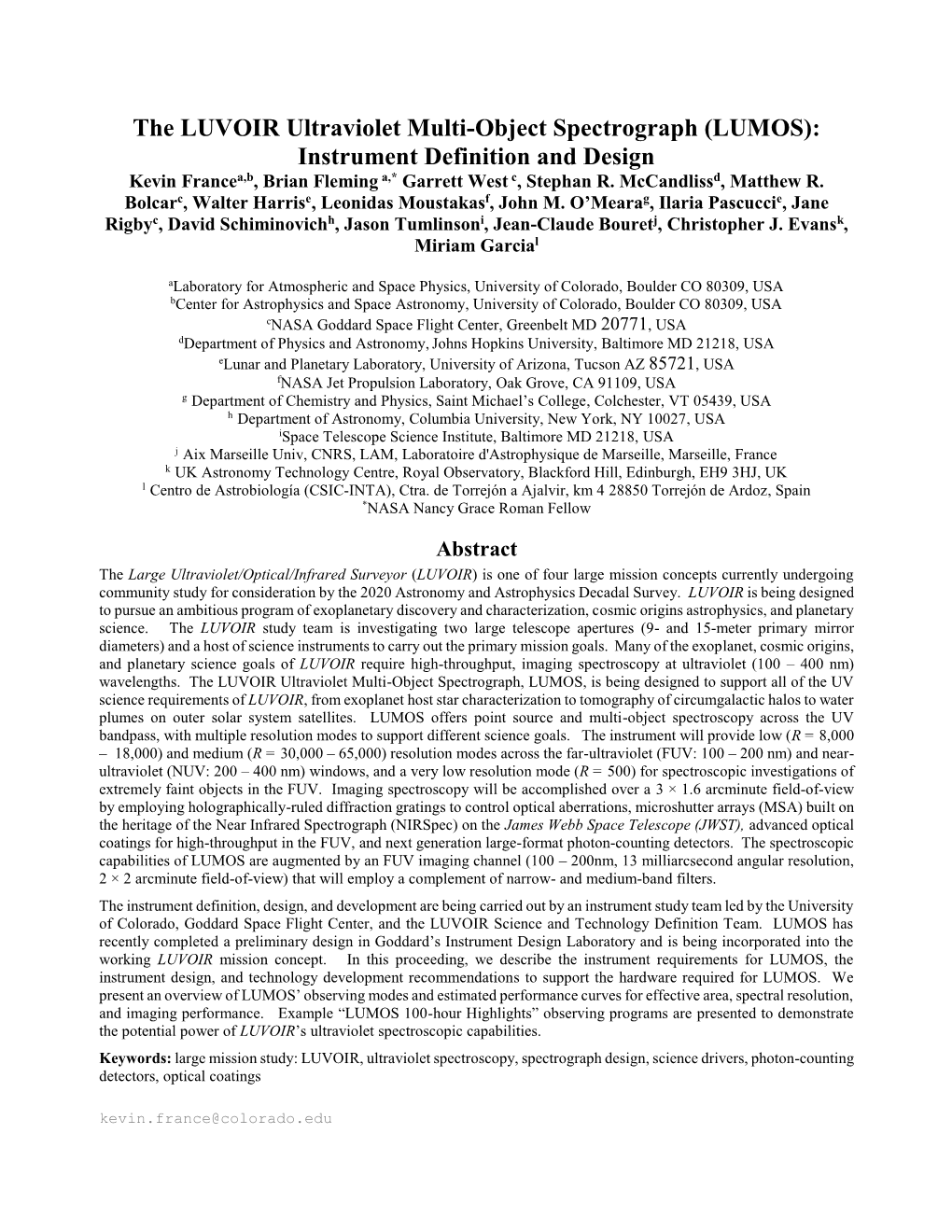 The LUVOIR Ultraviolet Multi-Object Spectrograph (LUMOS): Instrument Definition and Design Kevin Francea,B, Brian Fleming A,* Garrett West C, Stephan R