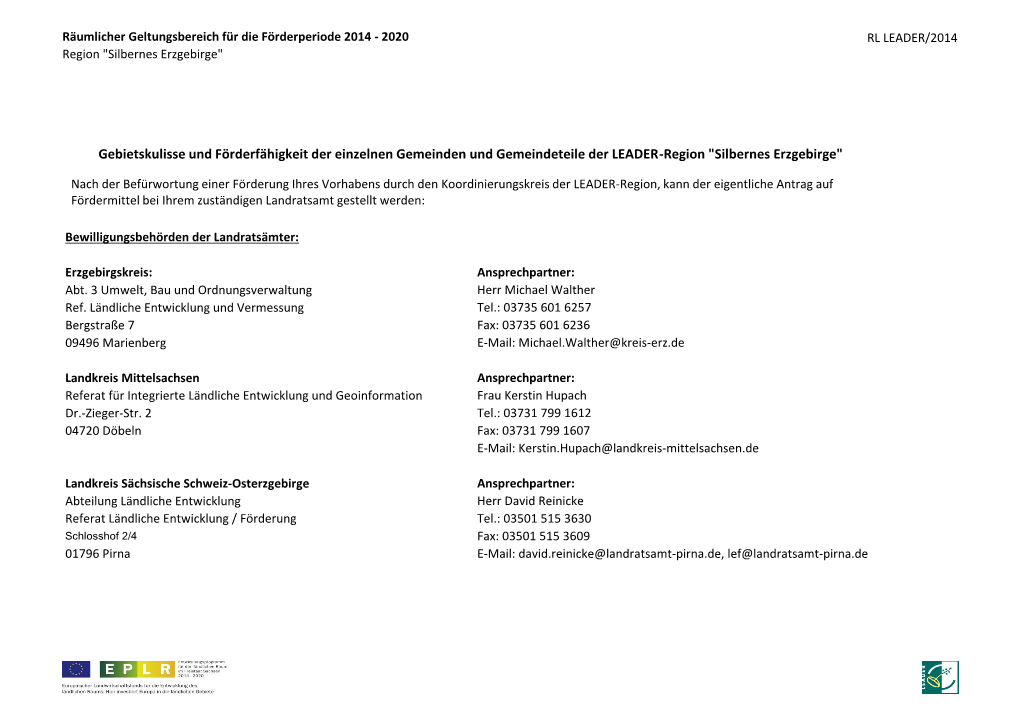 Gebietskulisse Und Förderfähigkeit Der Einzelnen Gemeinden Und Gemeindeteile Der LEADER-Region "Silbernes Erzgebirge"