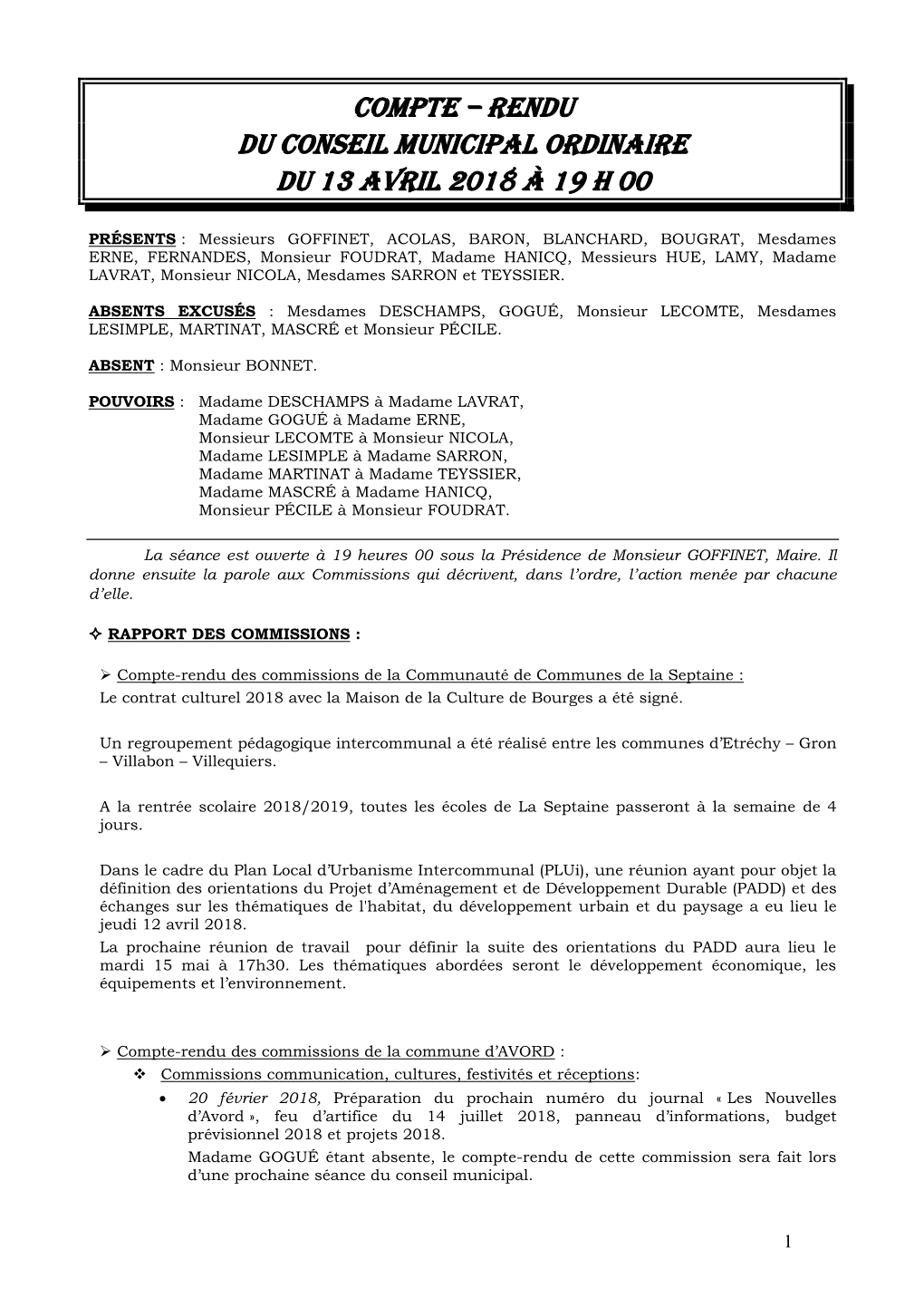 Rendu Du Conseil Municipal Ordinaire Du 13 Avril 2018 À 19 H 00