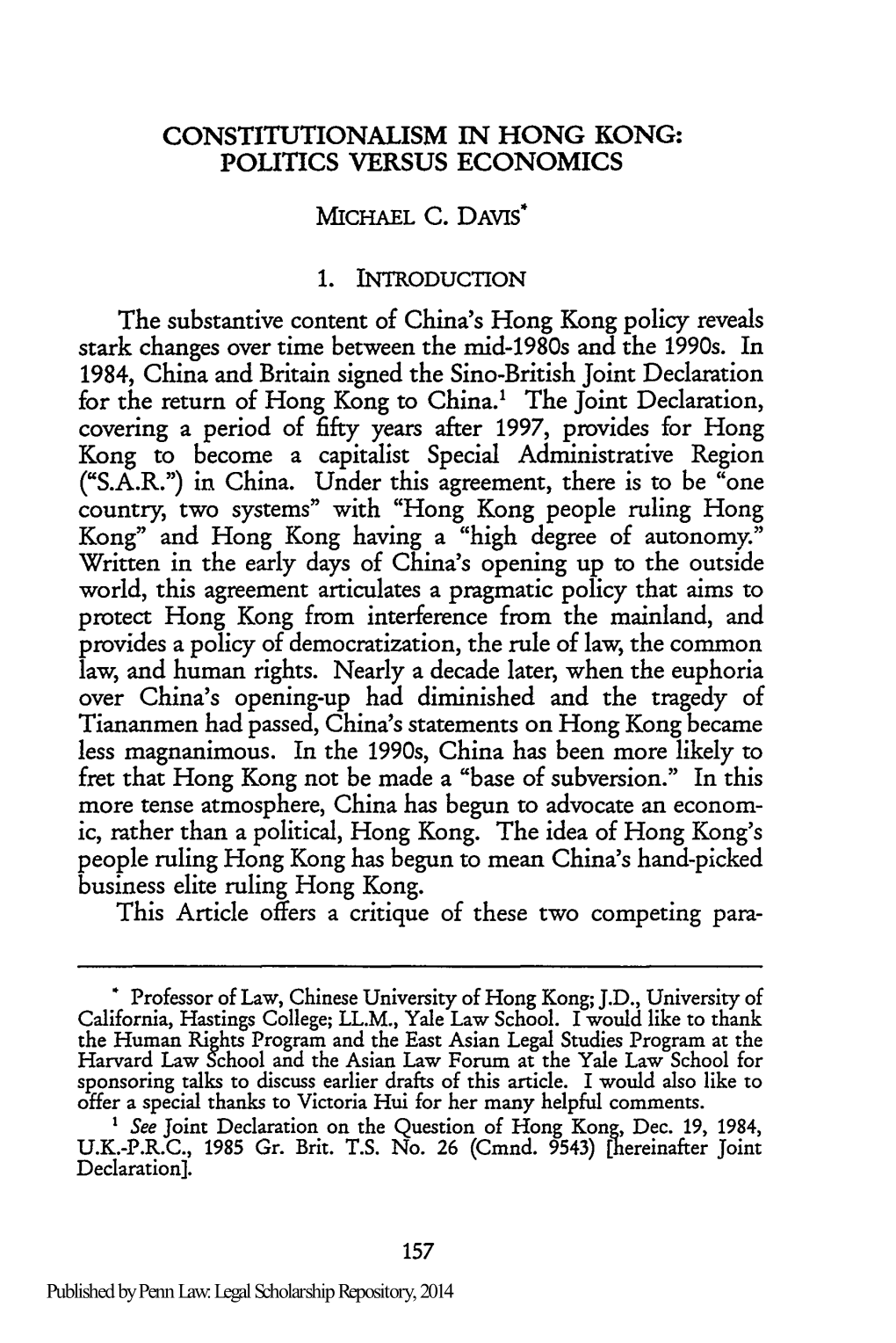 Constitutionalism in Hong Kong: Politics Versus Economics