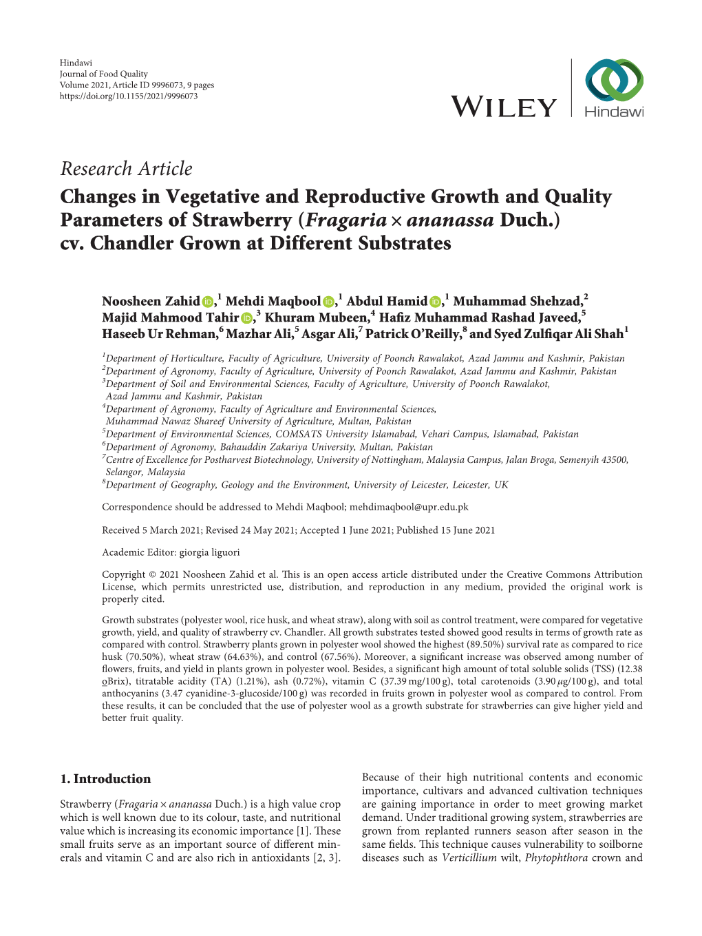 Changes in Vegetative and Reproductive Growth and Quality Parameters of Strawberry (Fragaria × Ananassa Duch.) Cv