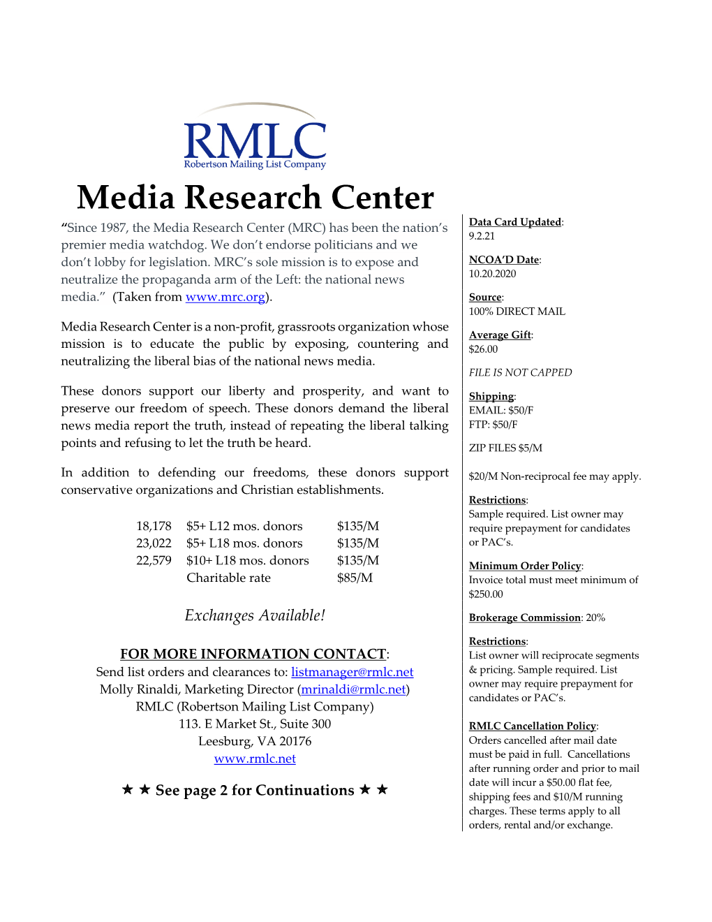 Media Research Center “Since 1987, the Media Research Center (MRC) Has Been the Nation’S Data Card Updated: 9.2.21 Premier Media Watchdog