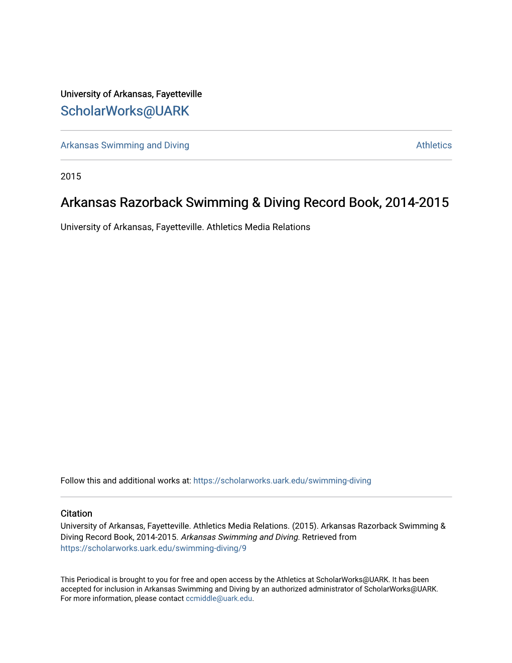 Arkansas Razorback Swimming & Diving Record Book, 2014-2015