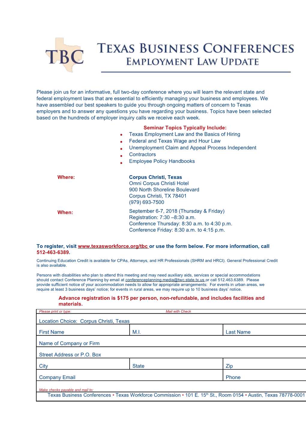 Texas Business Conference Registration Form: Corpus Christi - September 6-7, 2018