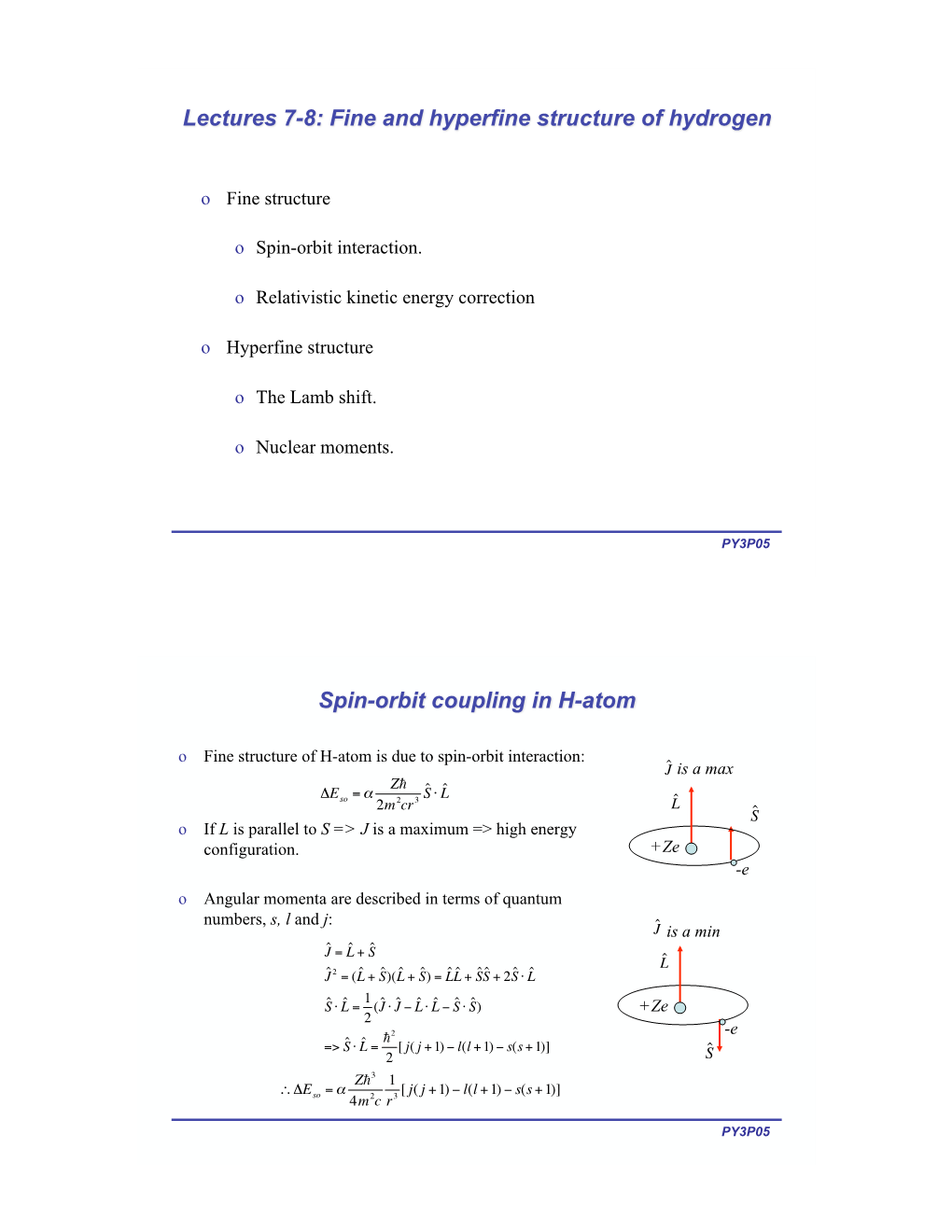 O Fine Structure O Spin-Orbit Interaction. O Relativistic Kinetic Energy Correction O Hyperfine Structure O the L