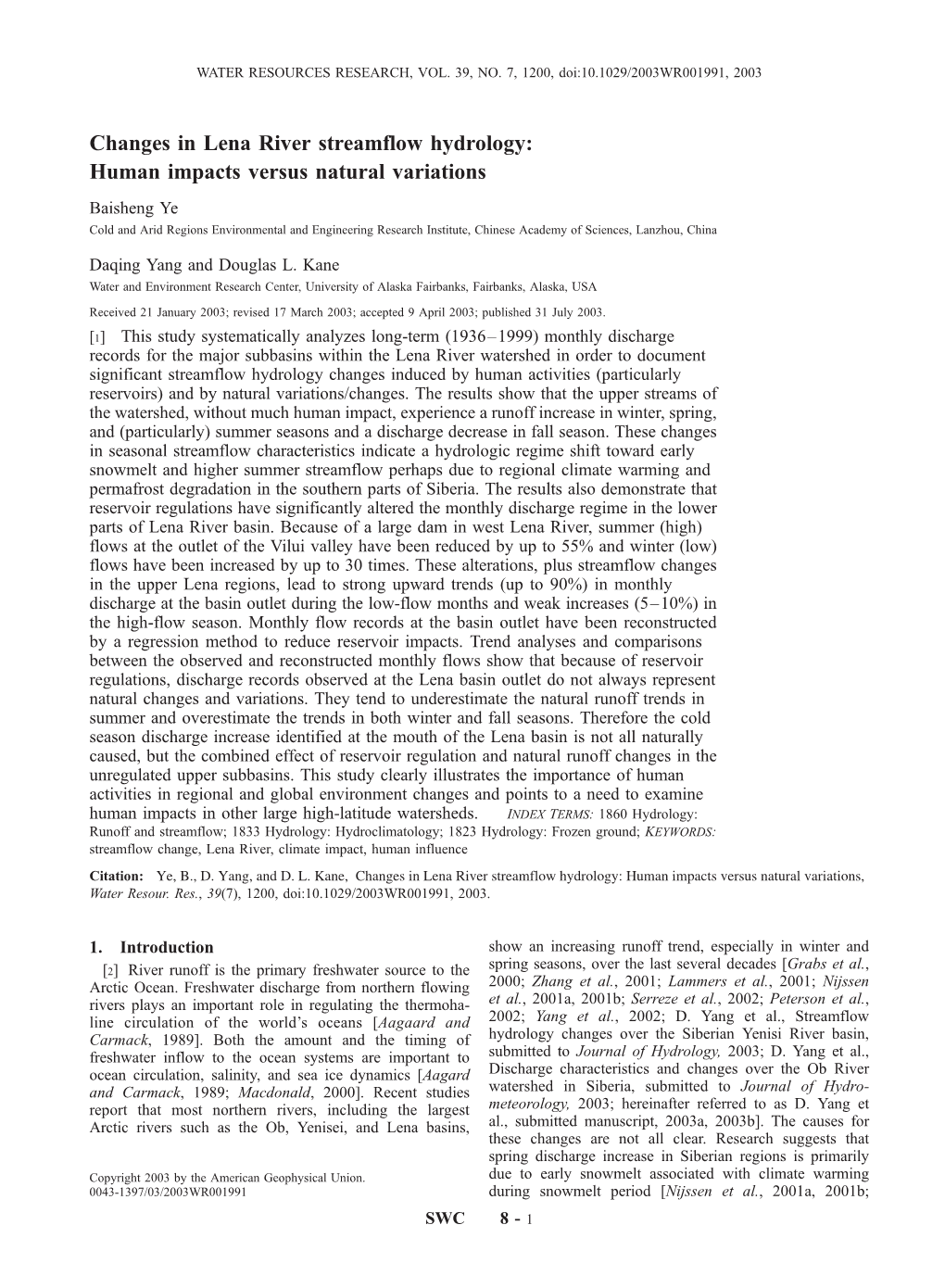 Changes in Lena River Streamflow Hydrology