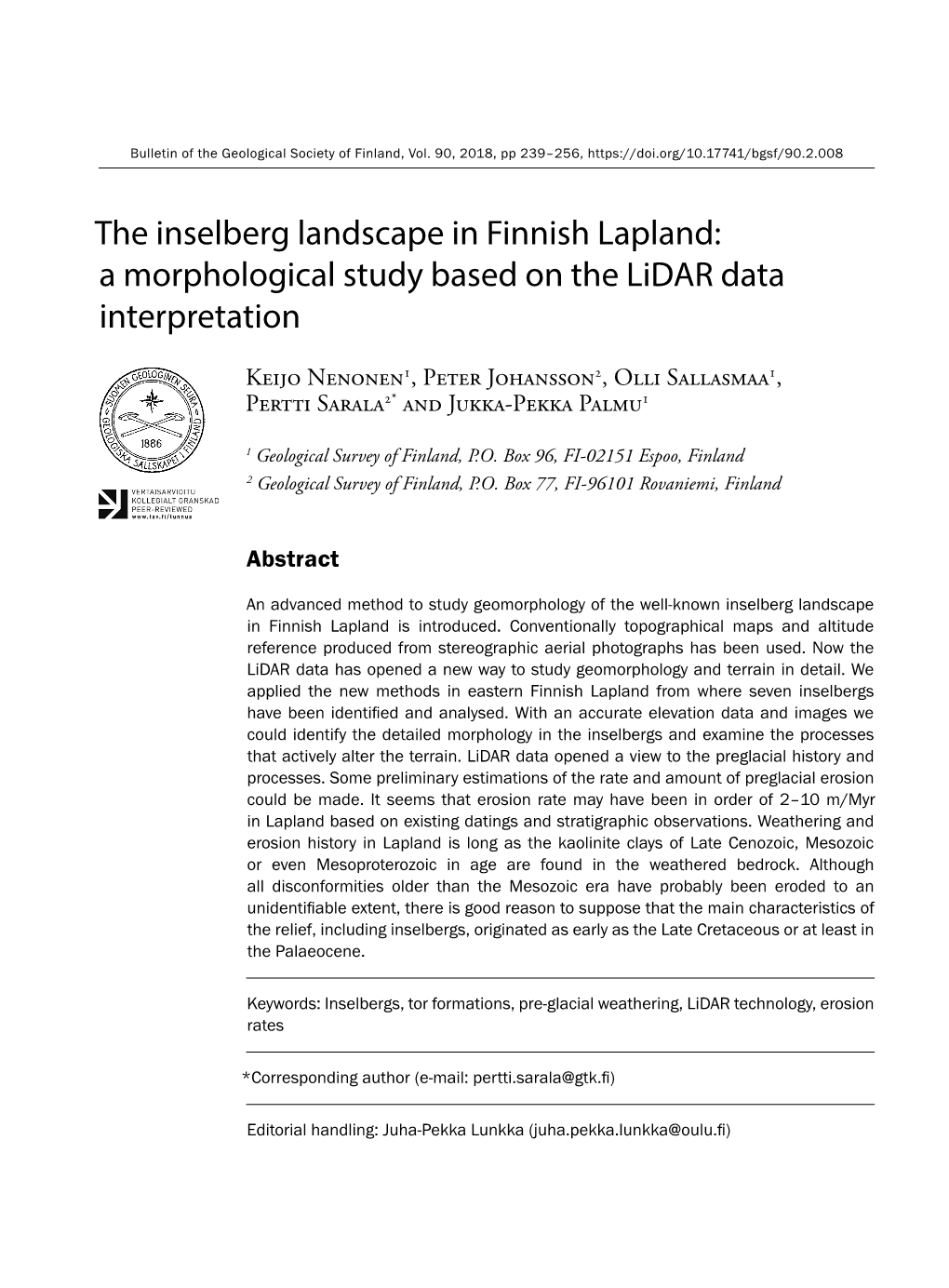 The Inselberg Landscape in Finnish Lapland: a Morphological Study Based on the Lidar Data Interpretation