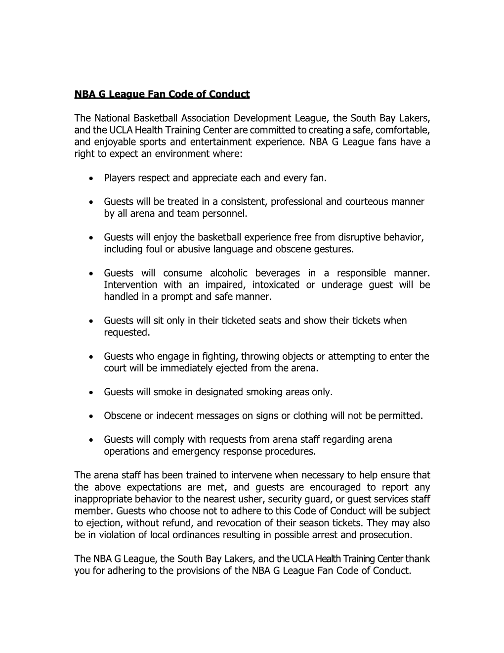 NBA G League Fan Code of Conduct the National Basketball