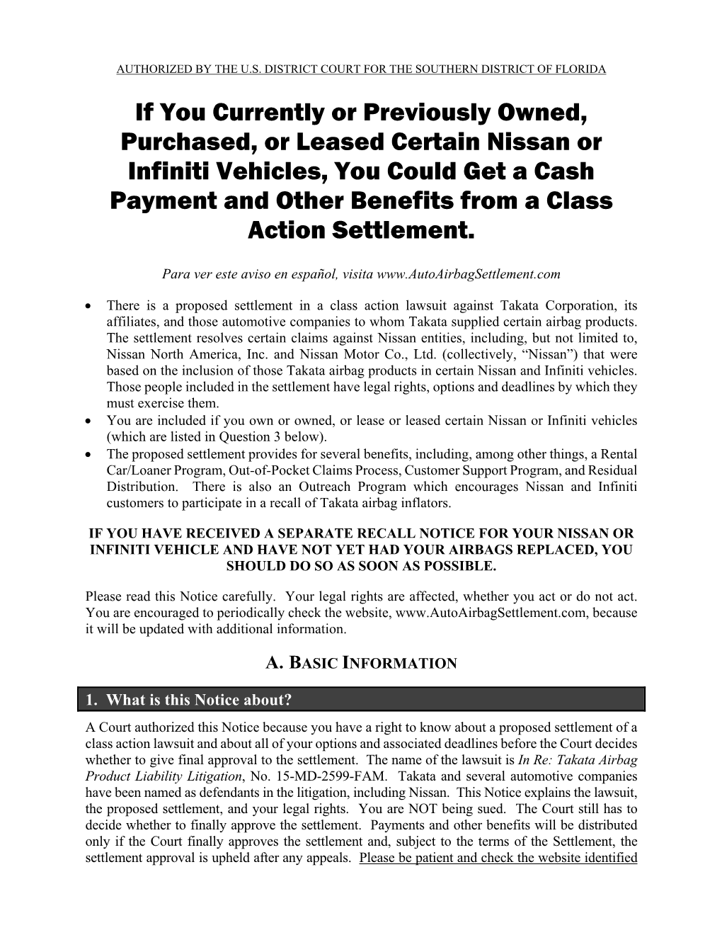 Nissan Settlement Notice