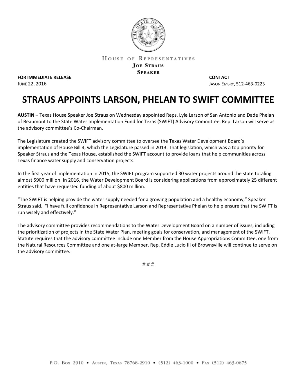 Straus Appoints Larson, Phelan to Swift Committee