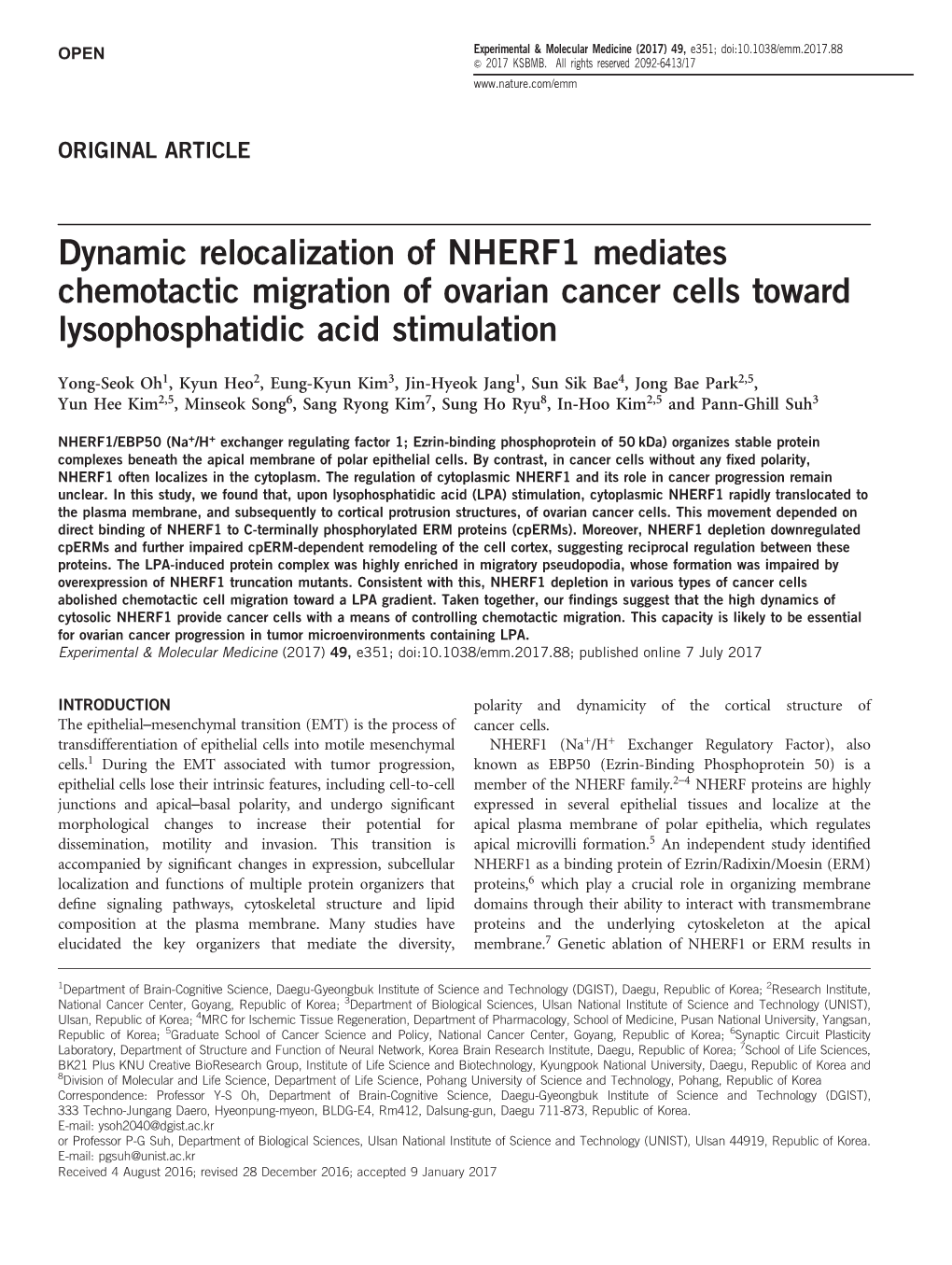 Dynamic Relocalization of NHERF1 Mediates Chemotactic Migration of Ovarian Cancer Cells Toward Lysophosphatidic Acid Stimulation