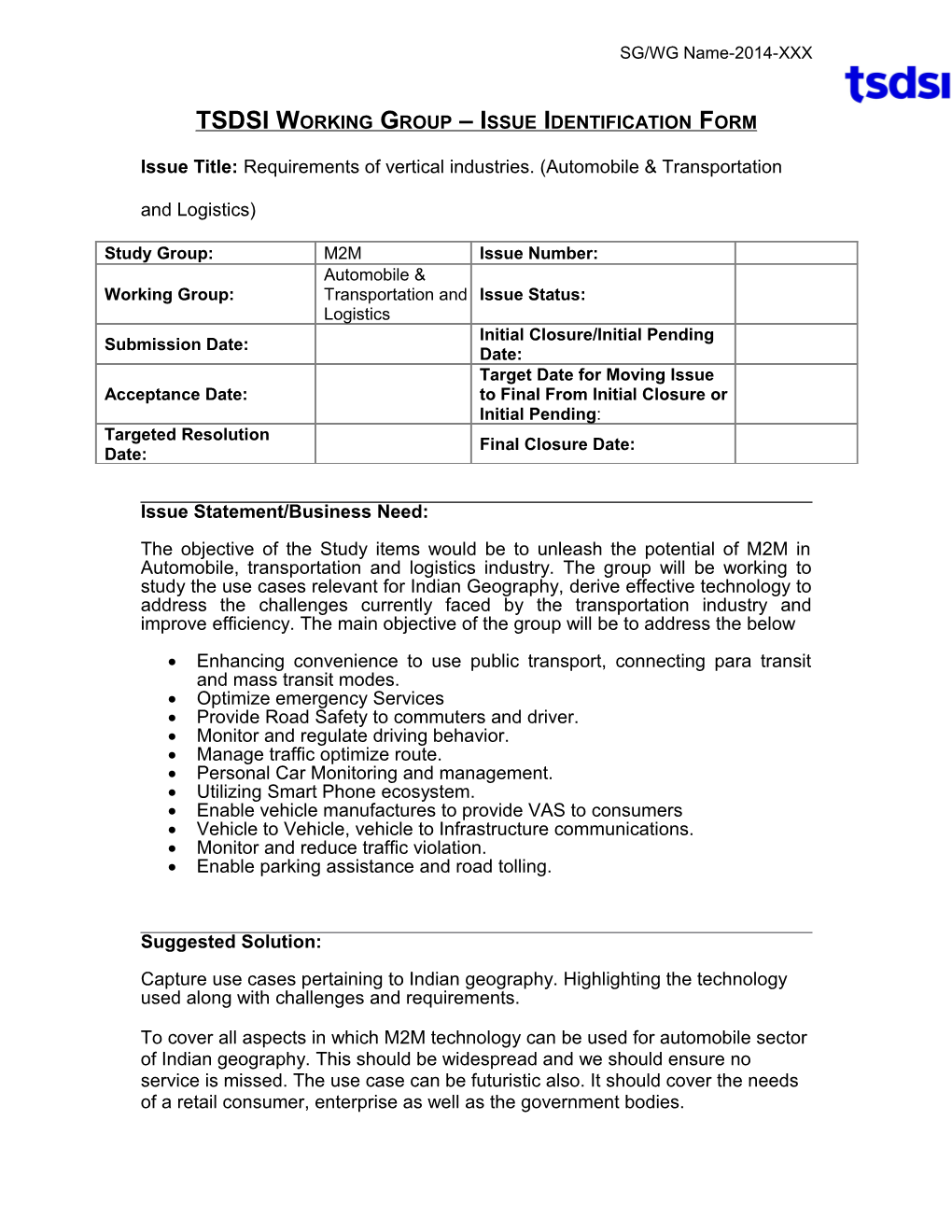 TSDSI Working Group Issue Identification Form