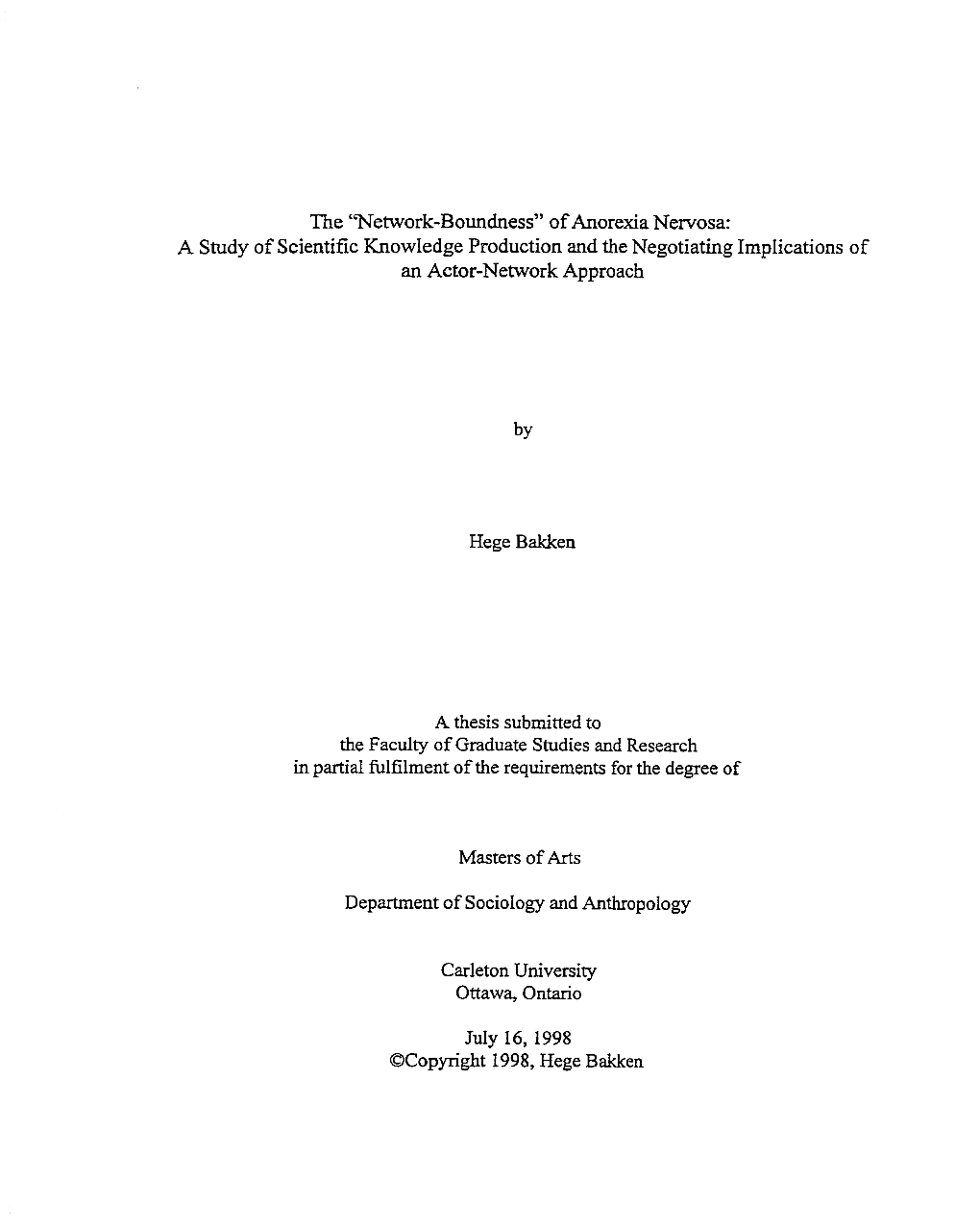 The Cwetwork-Boundness" of Anorexia Nervosa: a Study of Scientific Knowledge Production and the Negotiating Implications of an Actor-Network Approach