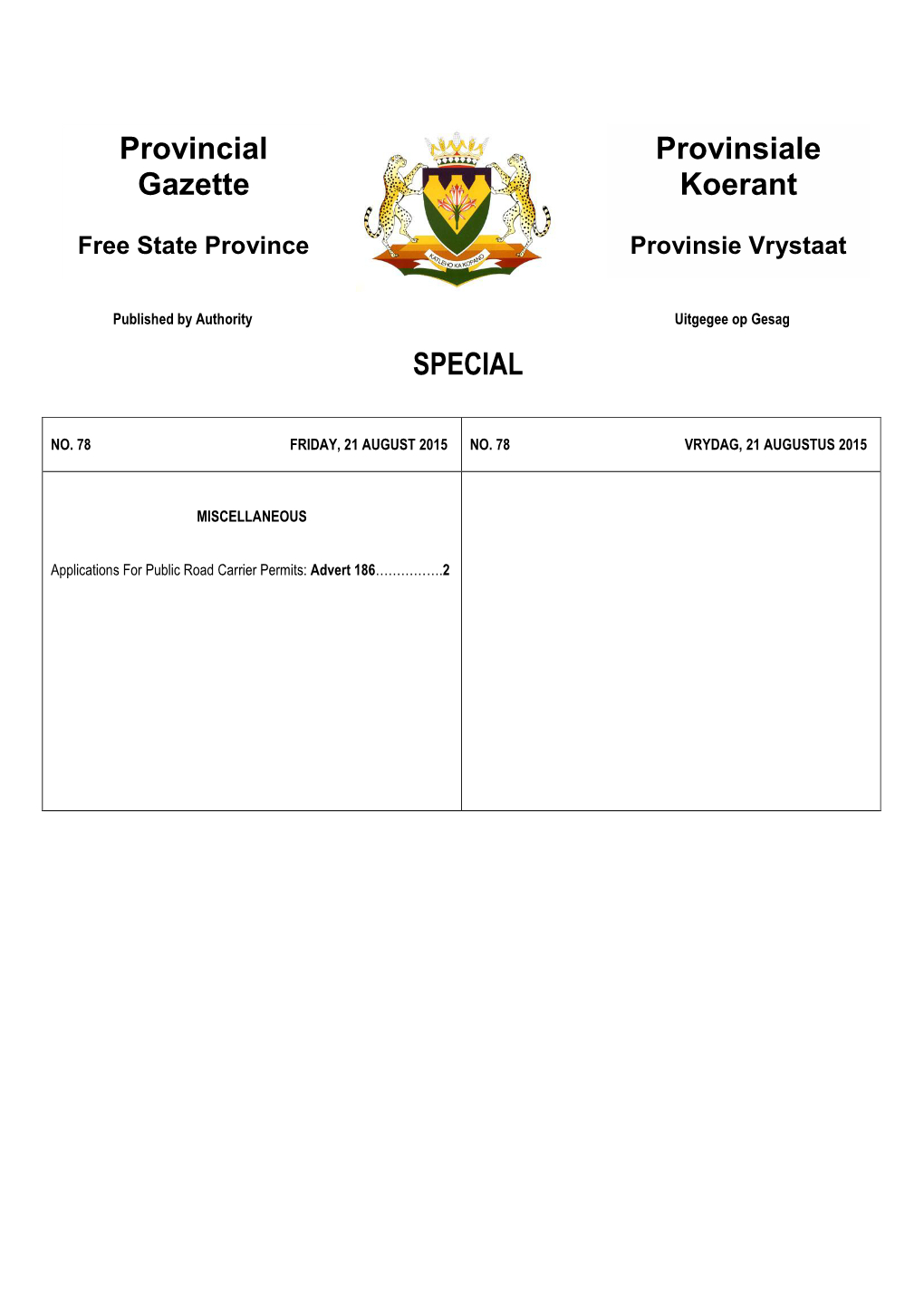 SPECIAL Provincial Gazette Provinsiale Koerant