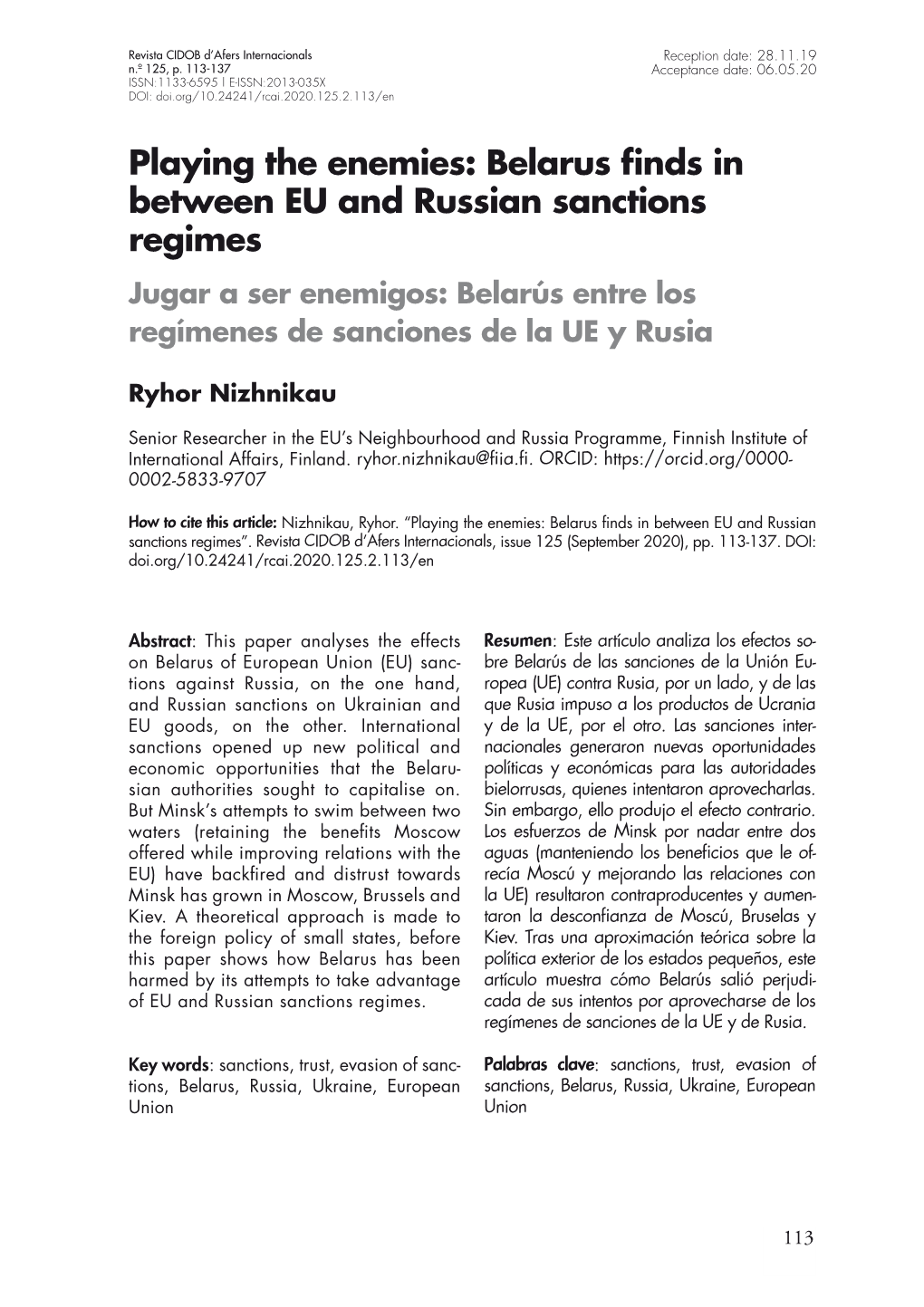 Belarus Finds in Between EU and Russian Sanctions Regimes Jugar a Ser Enemigos: Belarús Entre Los Regímenes De Sanciones De La UE Y Rusia