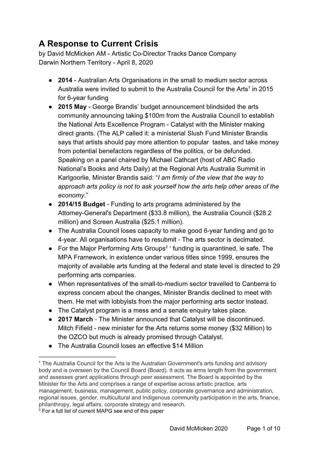 A Response to Current Crisis by David Mcmicken AM - Artistic Co-Director Tracks Dance Company Darwin Northern Territory - April 8, 2020
