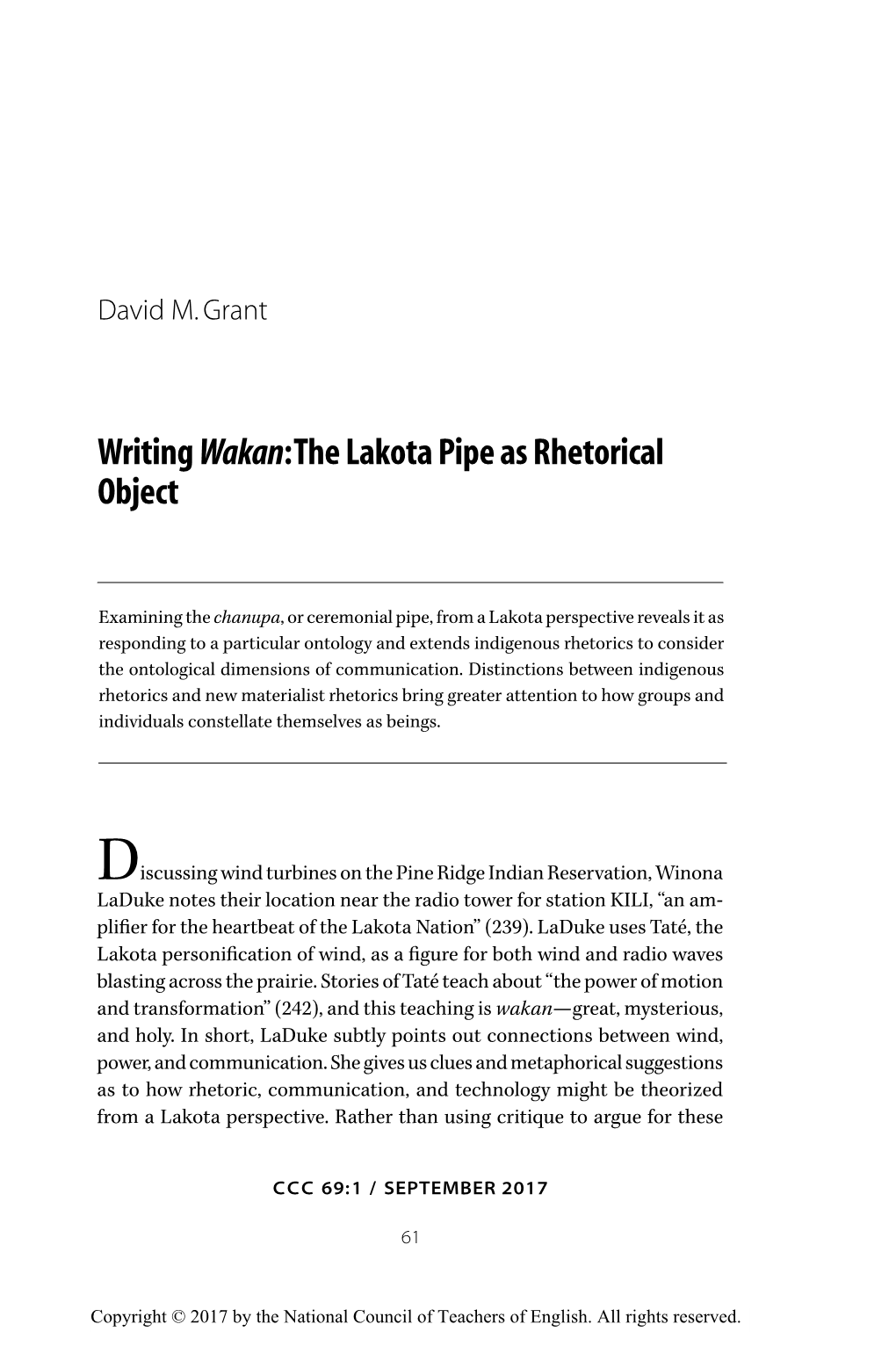 Writing Wakan: the Lakota Pipe As Rhetorical Object