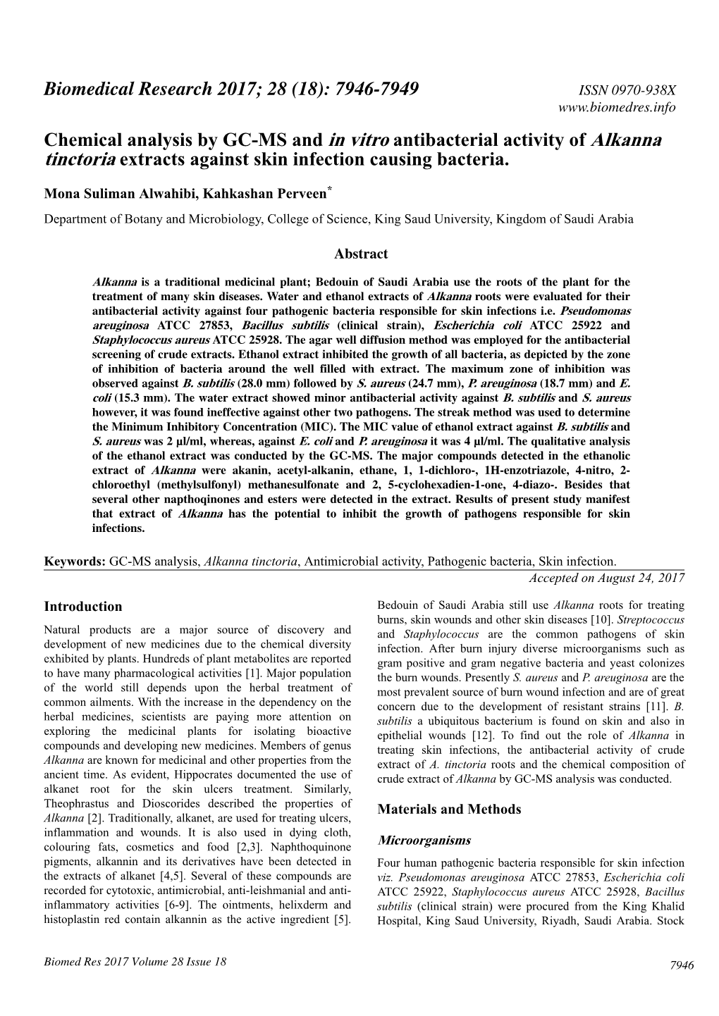 Chemical Analysis by GC-MS and in Vitro Antibacterial Activity of Alkanna Tinctoria Extracts Against Skin Infection Causing Bacteria