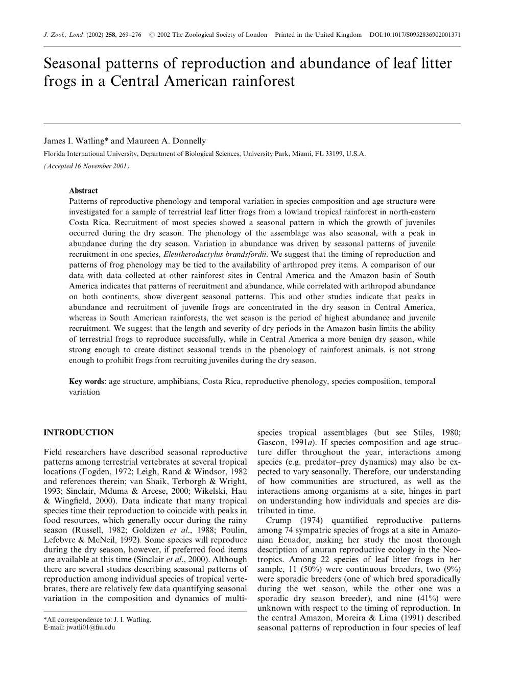 Seasonal Patterns of Reproduction and Abundance of Leaf Litter Frogs in a Central American Rainforest