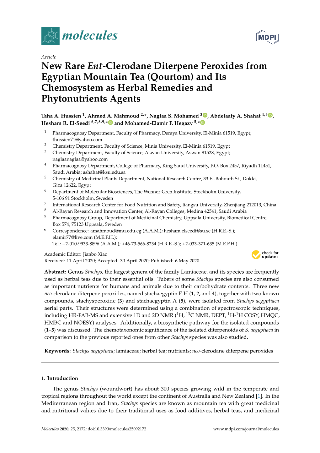 New Rare Ent-Clerodane Diterpene Peroxides from Egyptian Mountain Tea (Qourtom) and Its Chemosystem As Herbal Remedies and Phytonutrients Agents