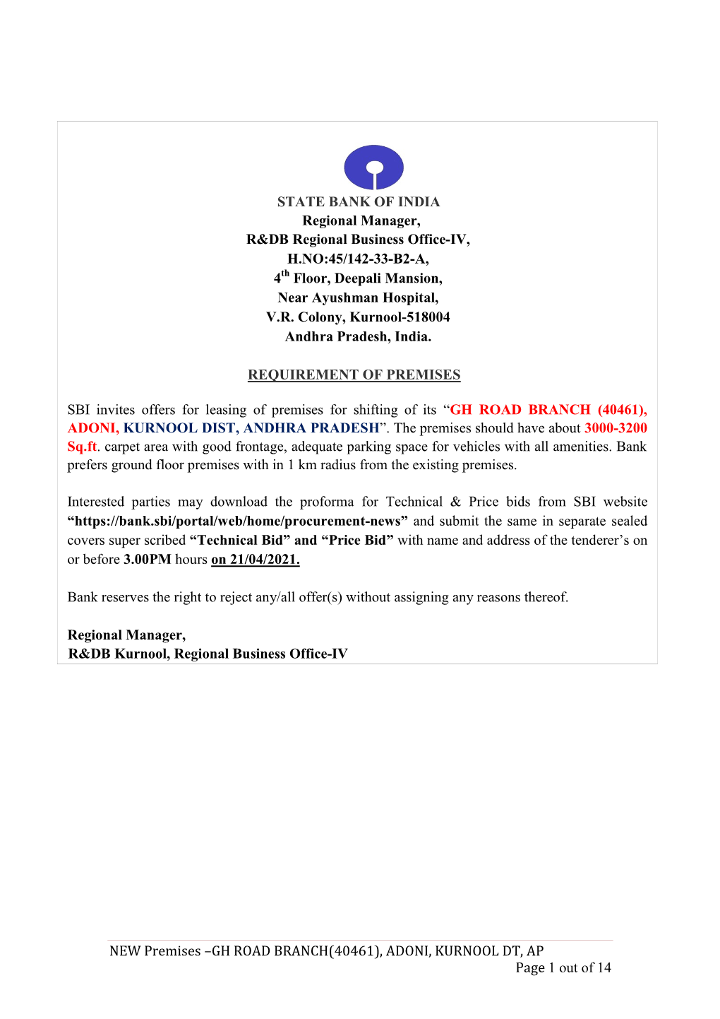 NEW Premises –GH ROAD BRANCH(40461), ADONI, KURNOOL DT, AP Page 1 out of 14