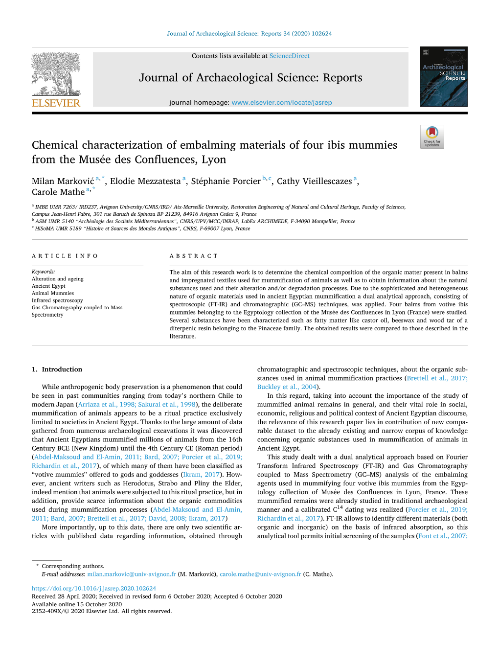 Chemical Characterization of Embalming Materials of Four Ibis Mummies from the Musée Des Confluences, Lyon