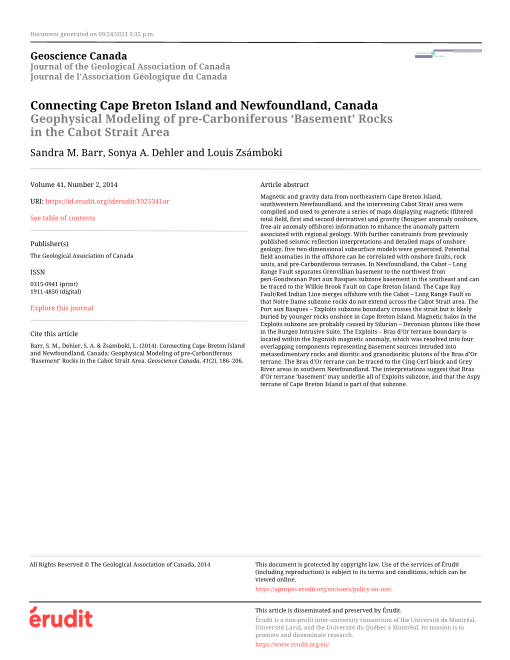 Connecting Cape Breton Island and Newfoundland, Canada Geophysical Modeling of Pre-Carboniferous ‘Basement’ Rocks in the Cabot Strait Area Sandra M