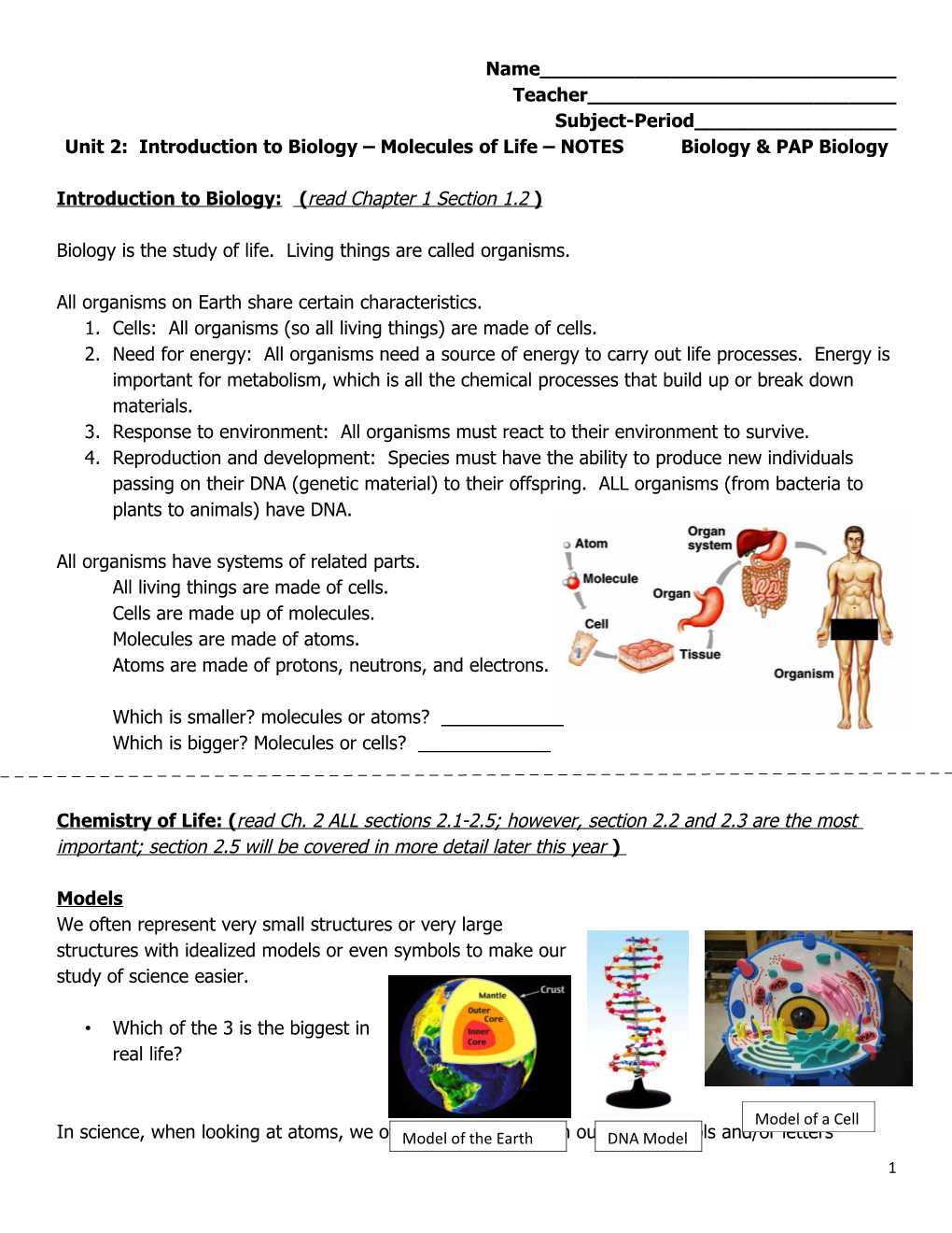 Unit 2: Introduction to Biology Molecules of Life NOTES Biology & PAP Biology